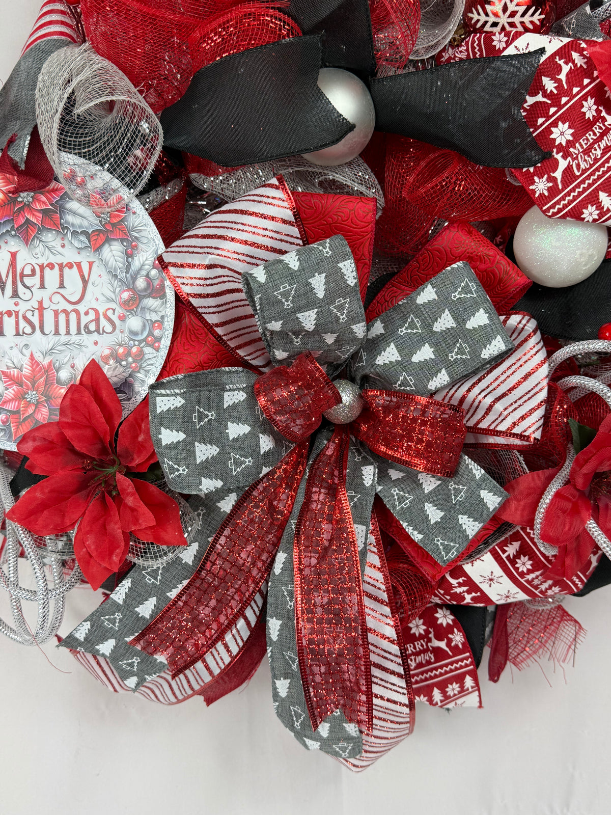 Merry Christmas Wreath | Traditional Christmas Front Door Wreath | Red Silver Farmhouse Holiday Decor | Handmade Christmas Door Hanger