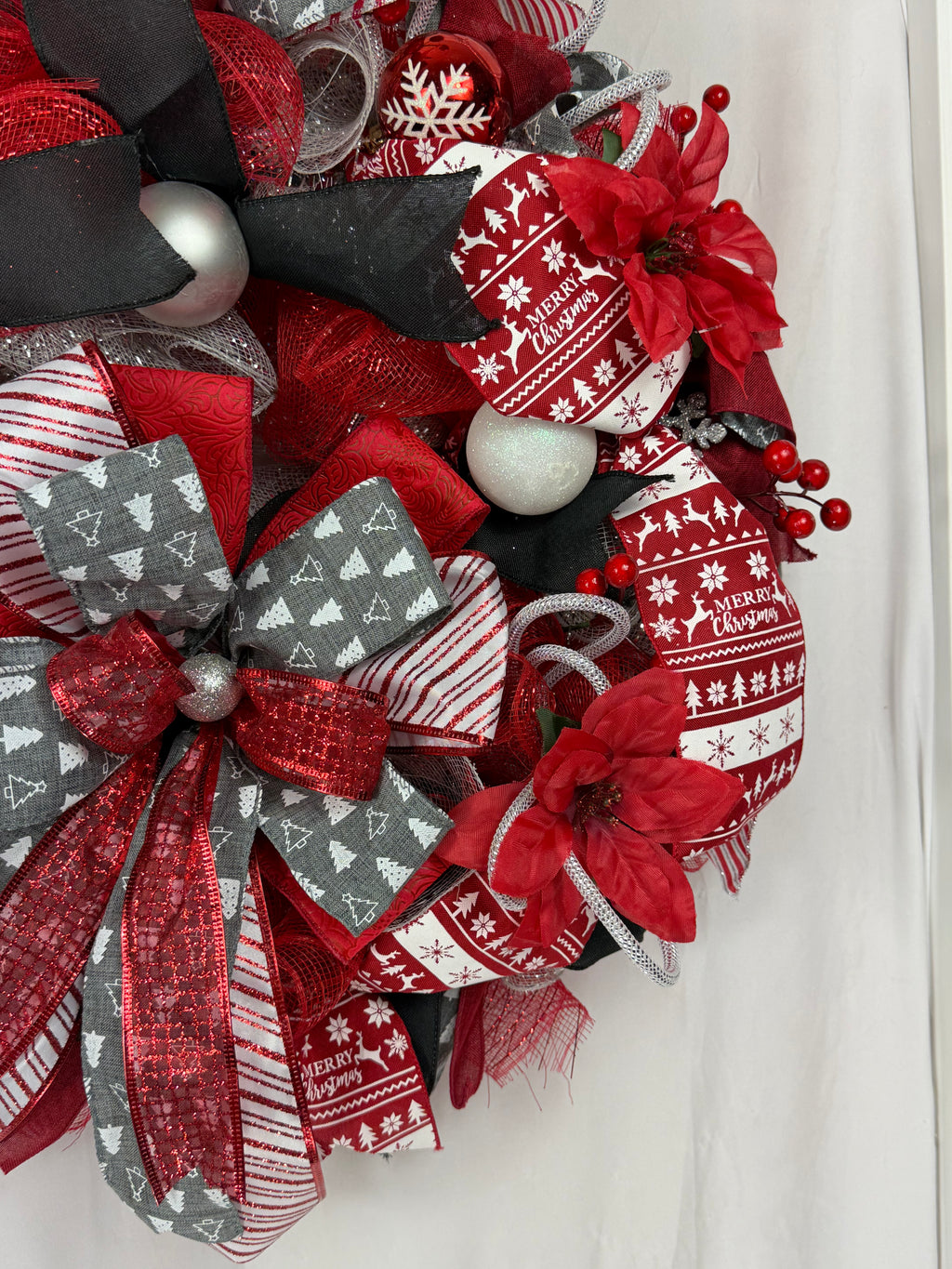Merry Christmas Wreath | Traditional Christmas Front Door Wreath | Red Silver Farmhouse Holiday Decor | Handmade Christmas Door Hanger