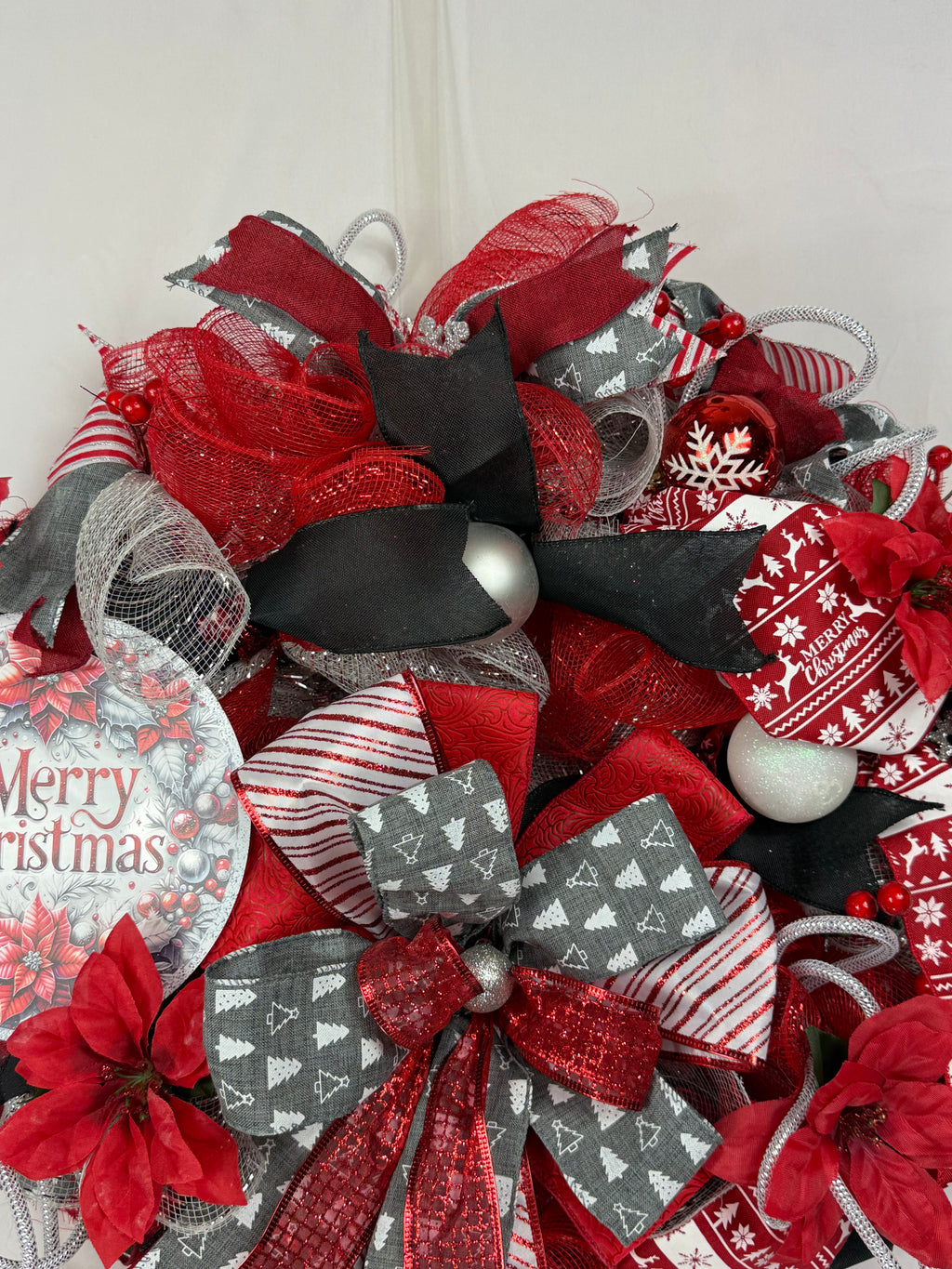 Merry Christmas Wreath | Traditional Christmas Front Door Wreath | Red Silver Farmhouse Holiday Decor | Handmade Christmas Door Hanger