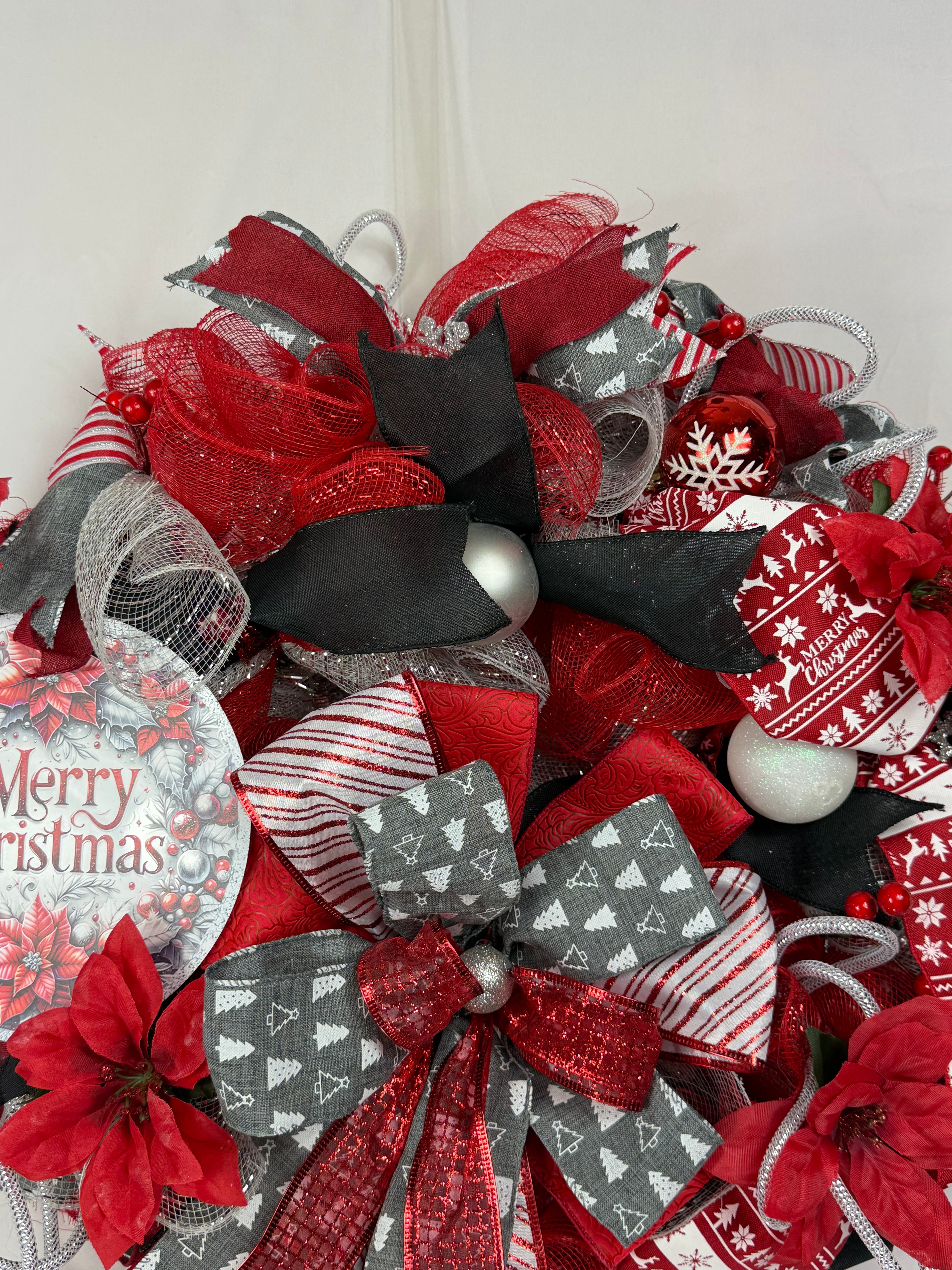 Merry Christmas Wreath | Traditional Christmas Front Door Wreath | Red Silver Farmhouse Holiday Decor | Handmade Christmas Door Hanger