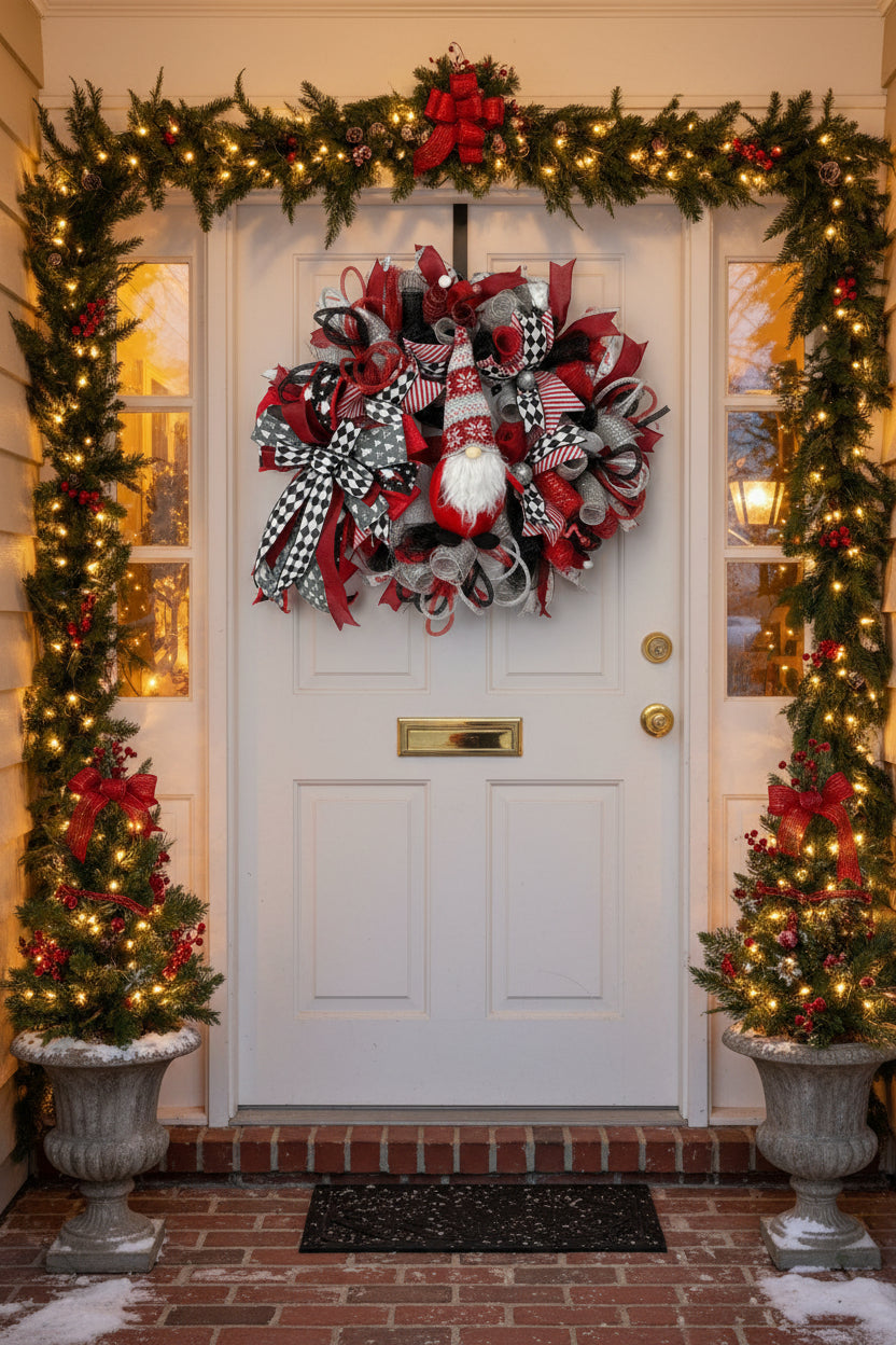 A festive red, black, and white holiday wreath made of mesh ribbon, featuring a small gnome decoration in the center, photographed against a white fabric background.
