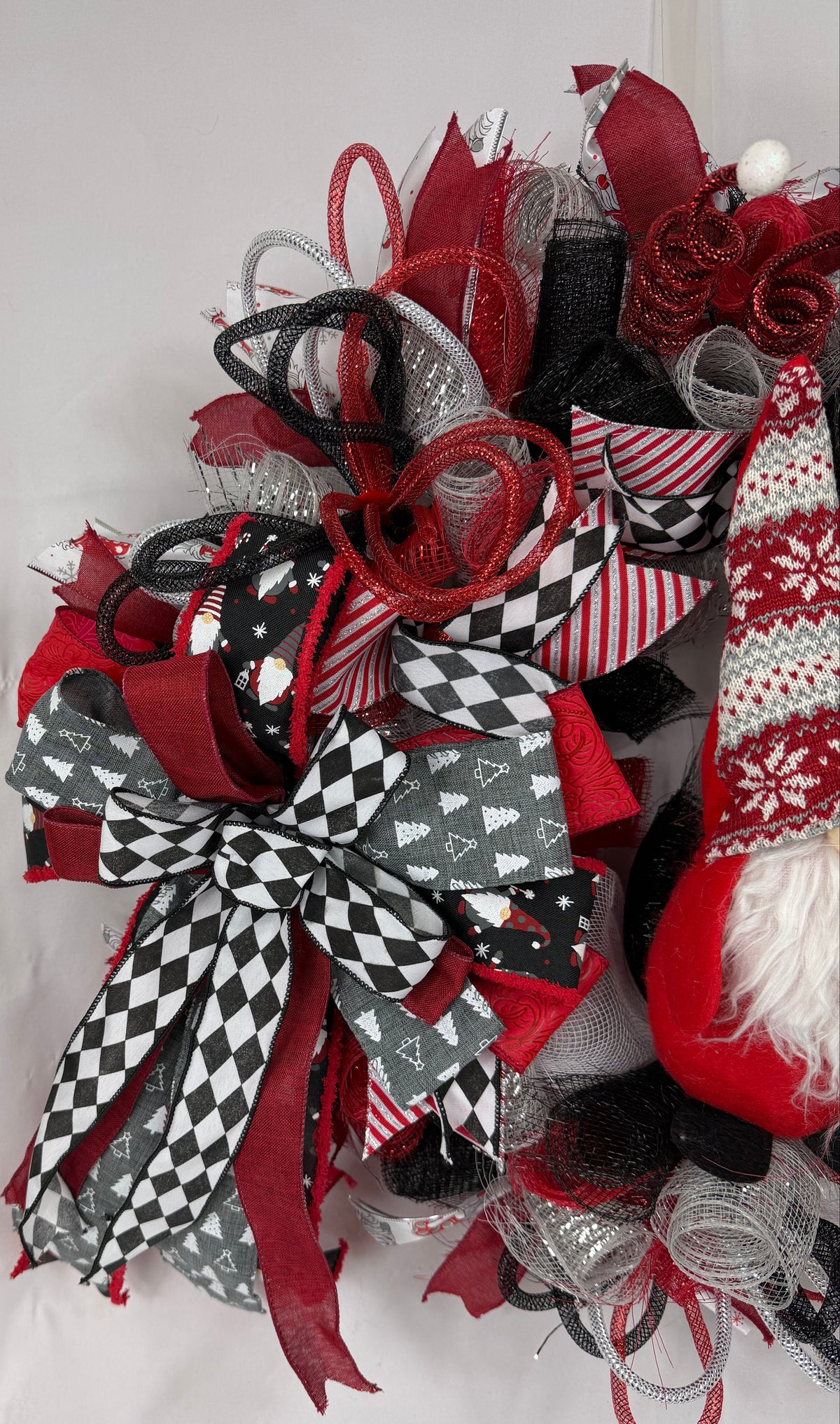 Christmas Gnome Wreath | Scandinavian Santa Gnome Front Door Wreath | Red Black Farmhouse Holiday Decor | Handmade Christmas Door Hanger