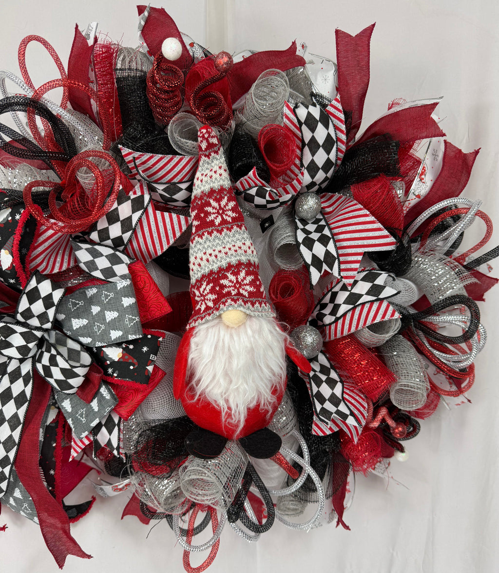 Christmas Gnome Wreath | Scandinavian Santa Gnome Front Door Wreath | Red Black Farmhouse Holiday Decor | Handmade Christmas Door Hanger