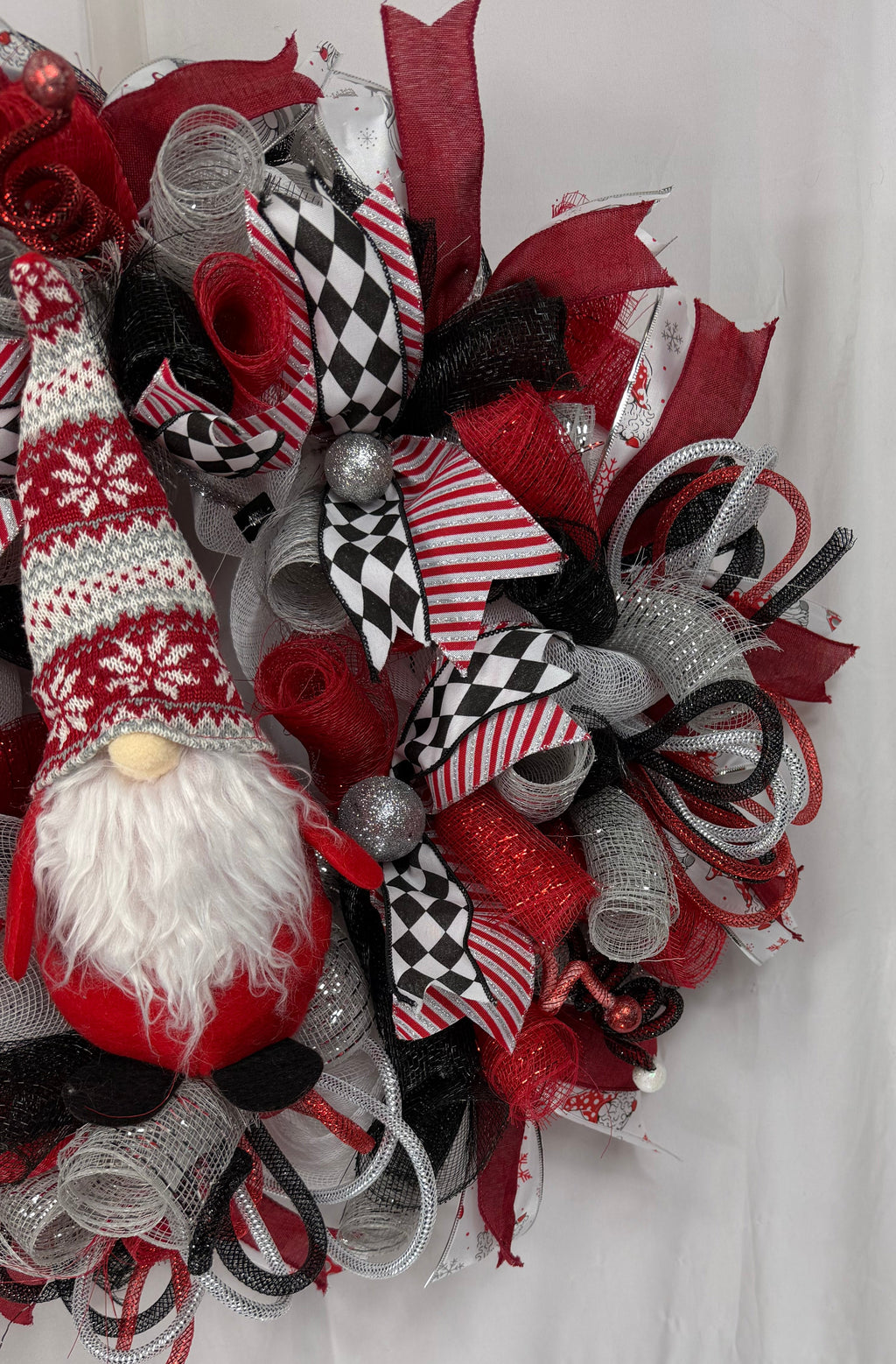 Christmas Gnome Wreath | Scandinavian Santa Gnome Front Door Wreath | Red Black Farmhouse Holiday Decor | Handmade Christmas Door Hanger