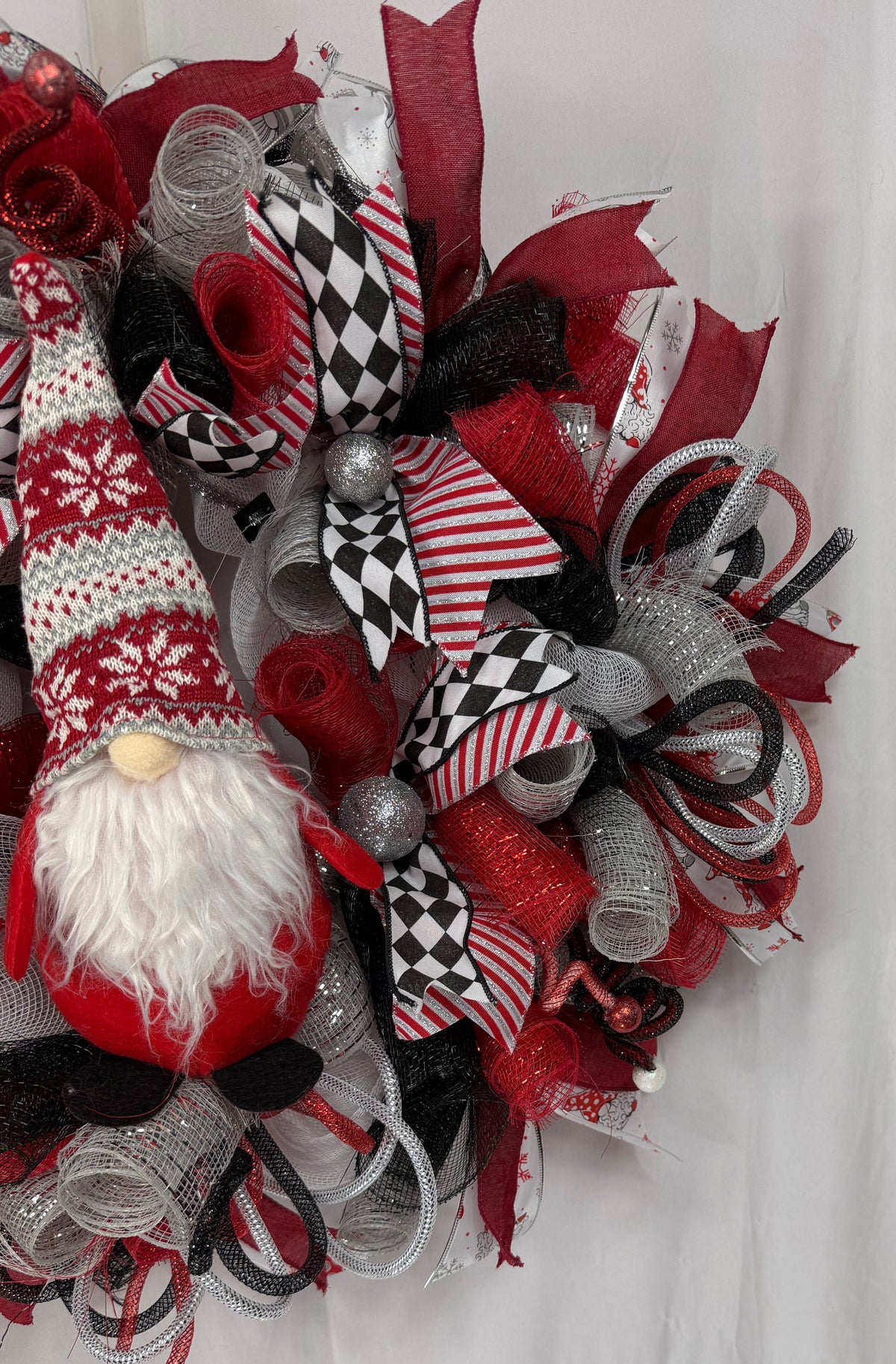 Christmas Gnome Wreath | Scandinavian Santa Gnome Front Door Wreath | Red Black Farmhouse Holiday Decor | Handmade Christmas Door Hanger
