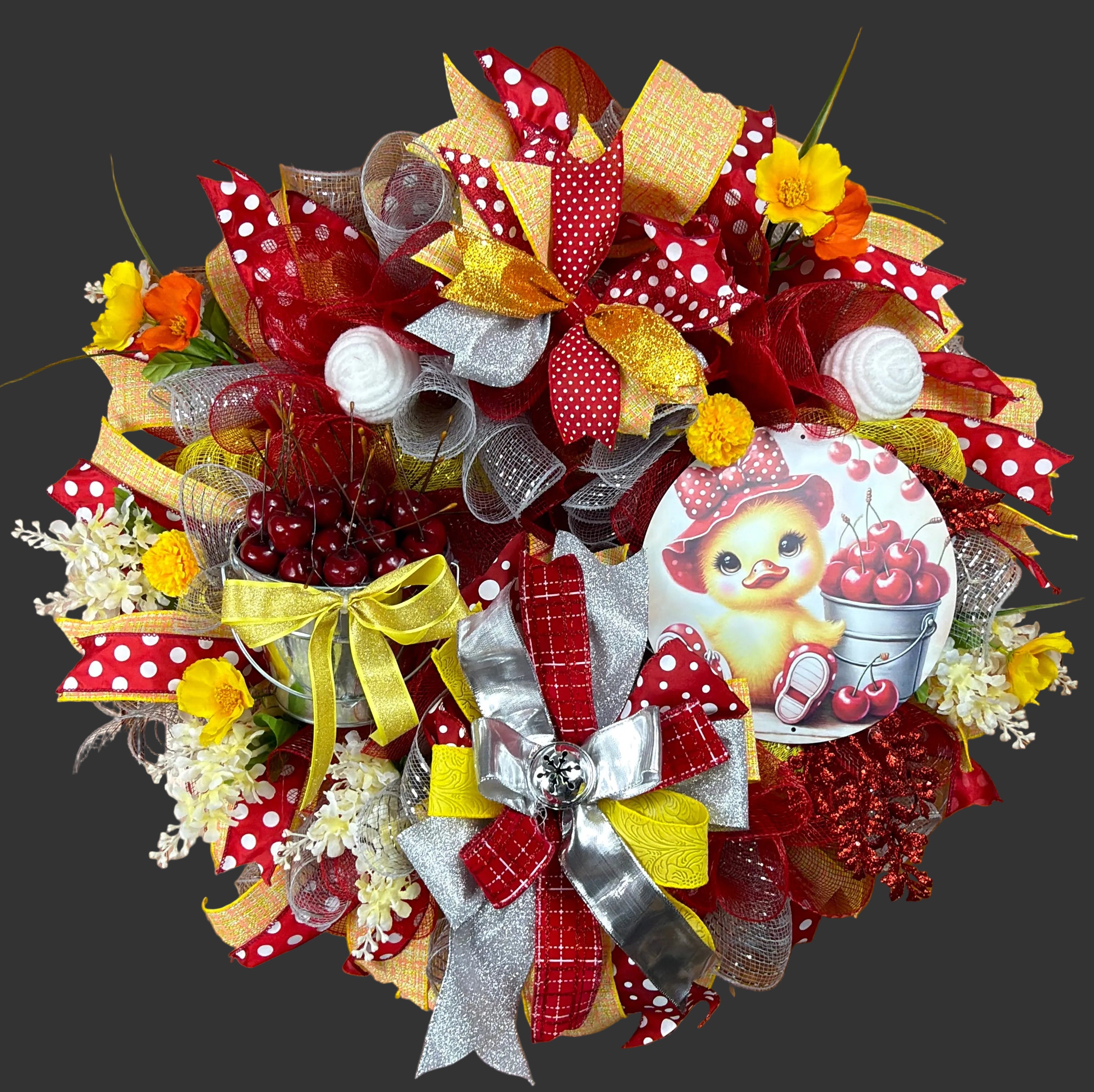 Cherry Summer Wreath with Duckling – Red & Yellow Front Door Decor