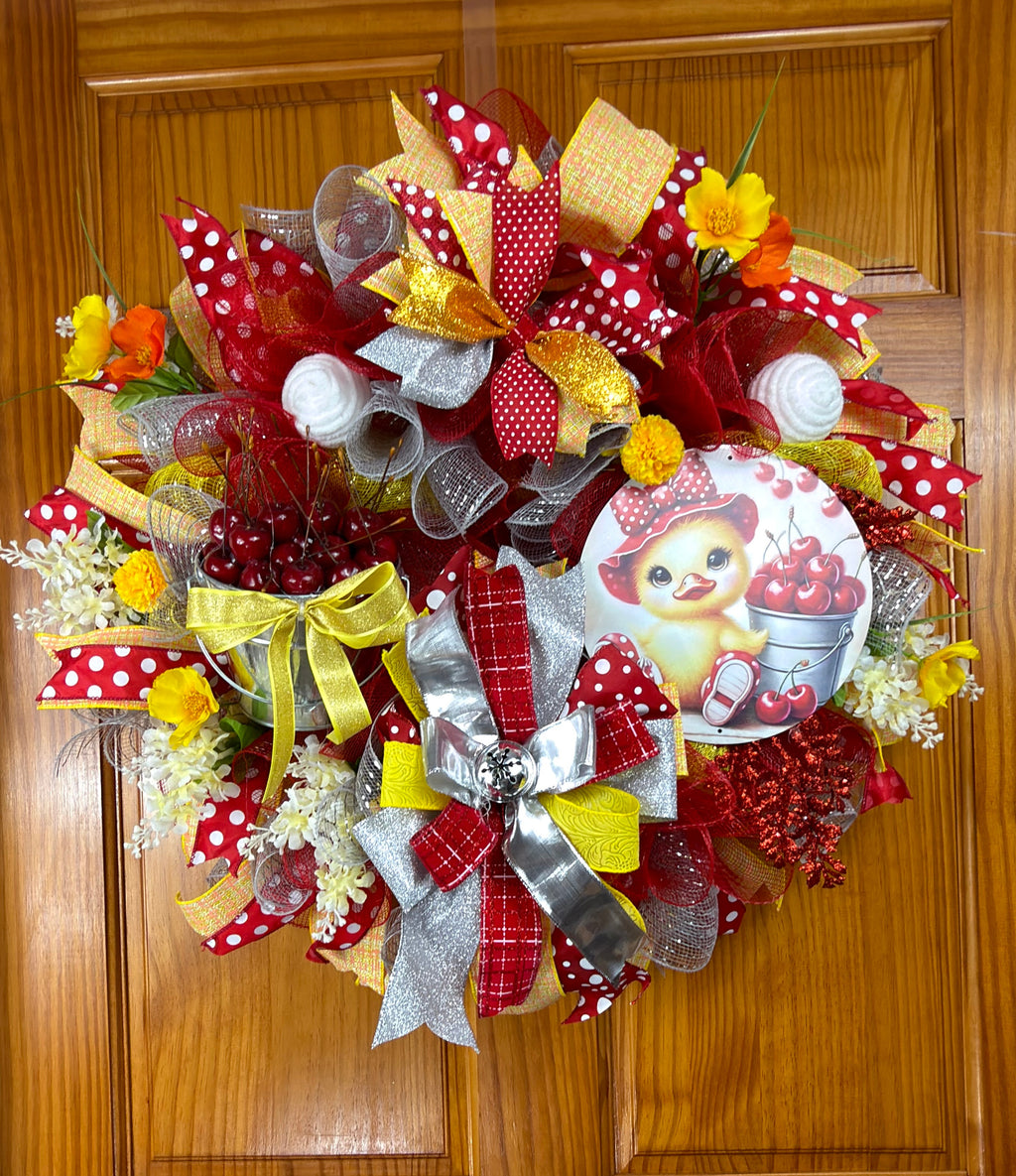 Cherry Summer Wreath with Duckling – Red & Yellow Front Door Decor