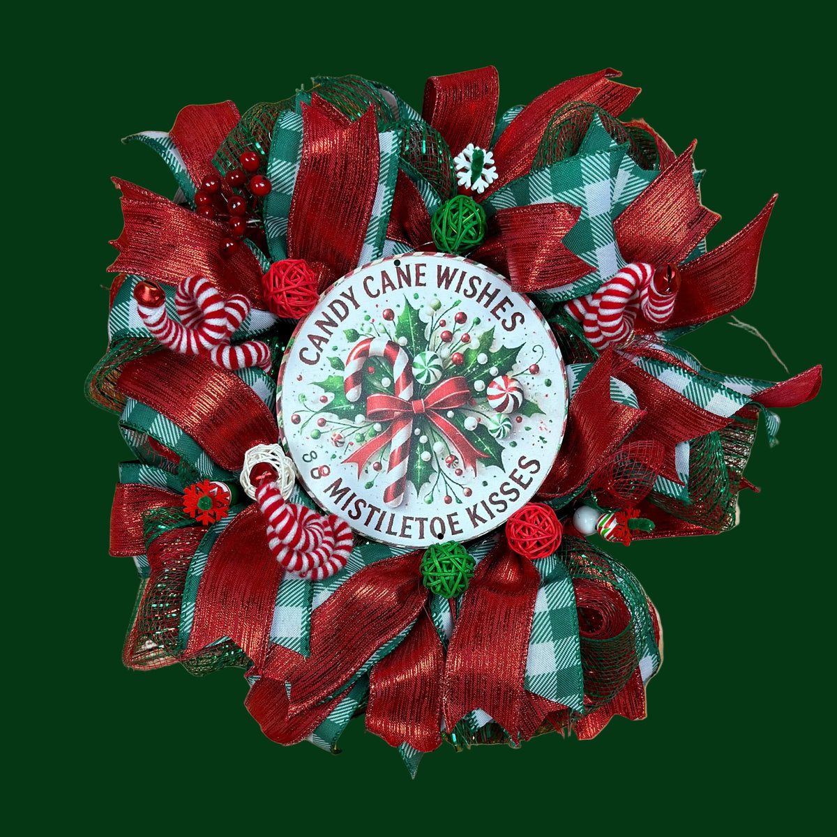 Candy Cane Christmas Wreath – Red Green Mistletoe Holiday Door Decor