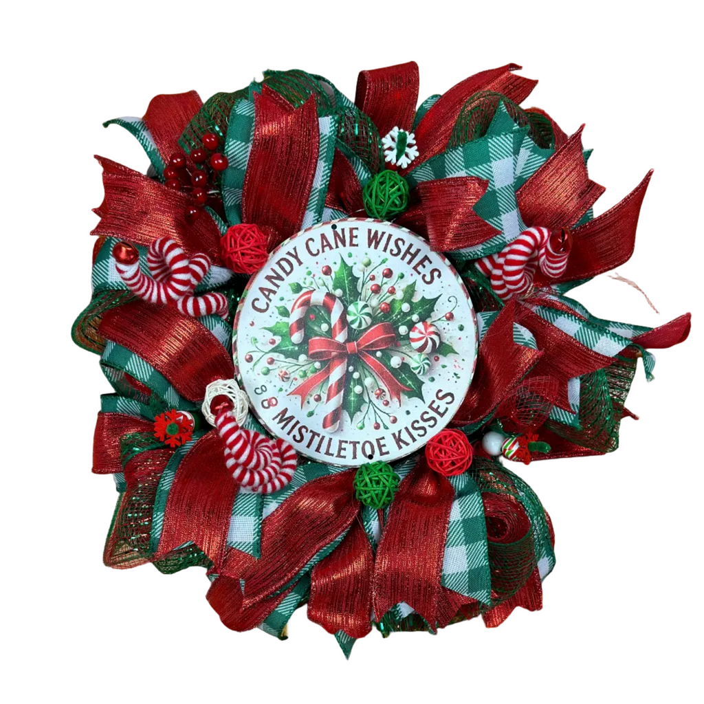 Candy Cane Christmas Wreath – Red Green Mistletoe Holiday Door Decor