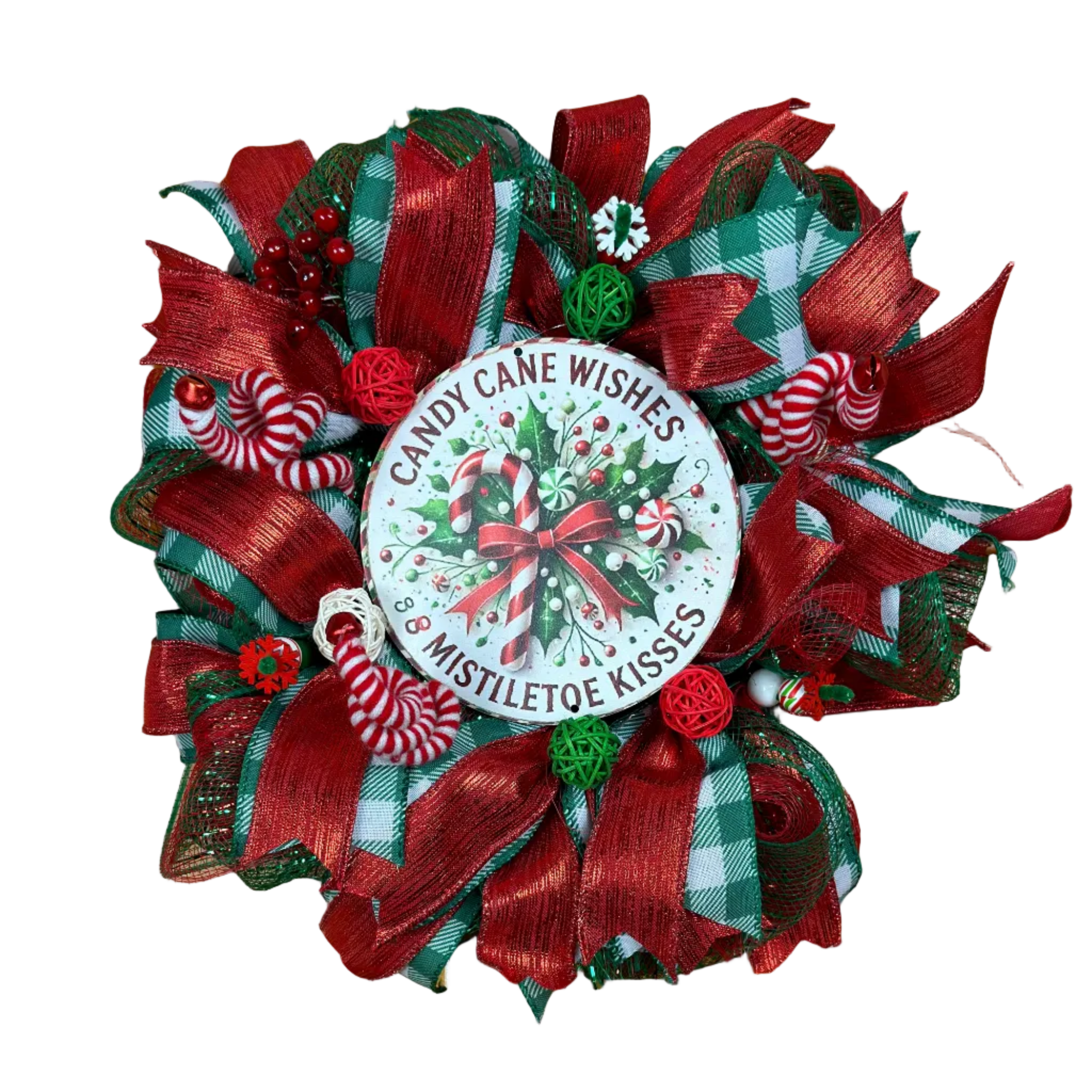 Candy Cane Christmas Wreath – Red Green Mistletoe Holiday Door Decor