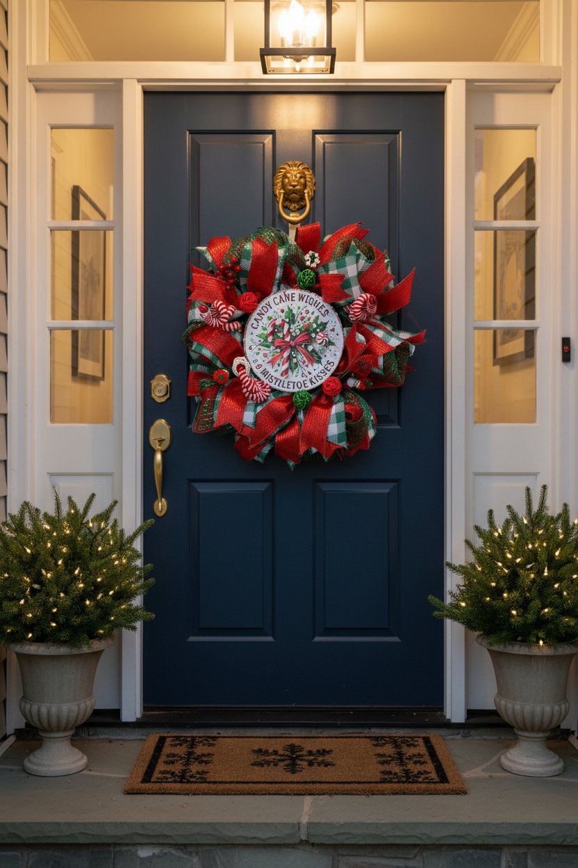 Candy Cane Christmas Wreath – Red Green Mistletoe Holiday Door Decor
