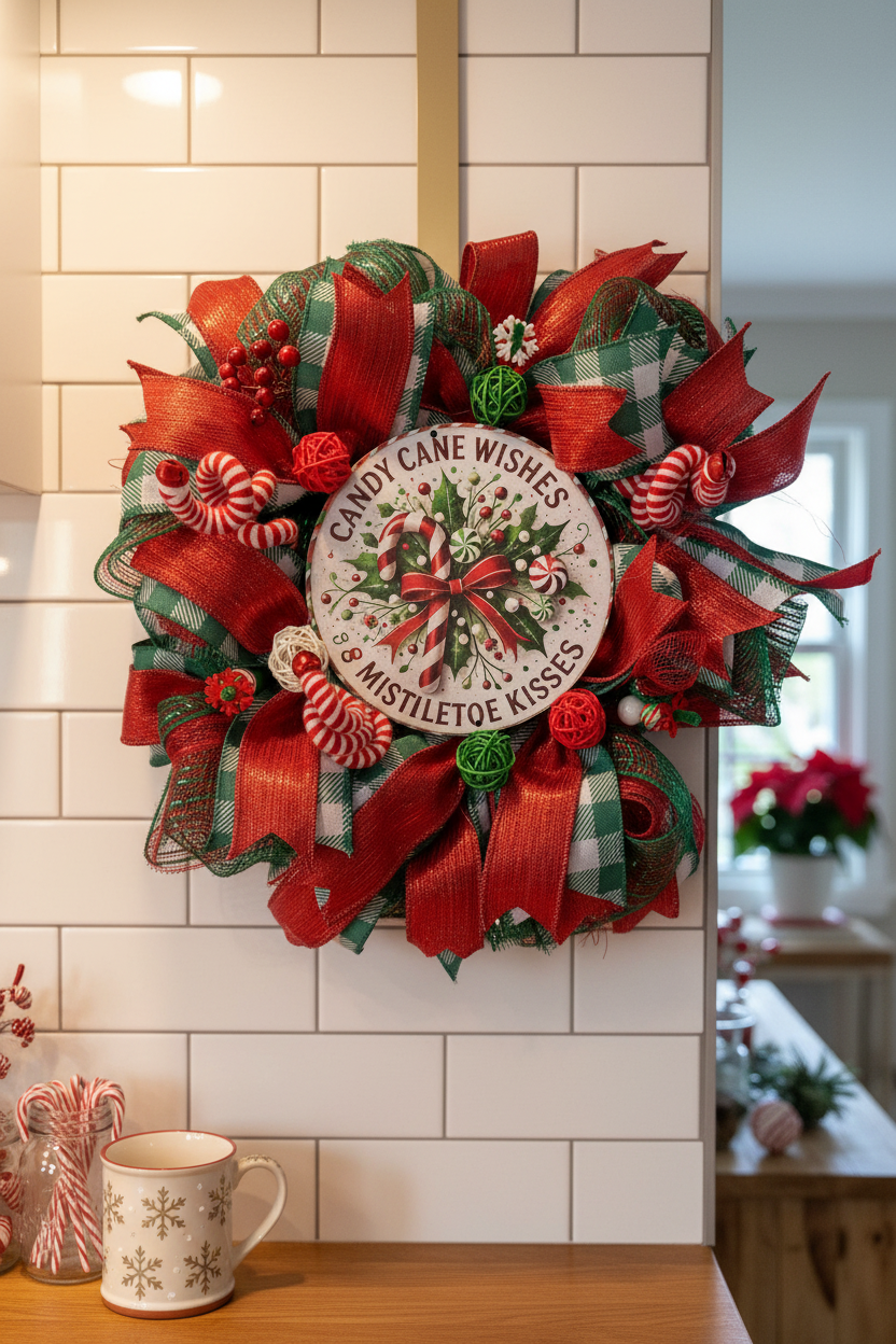 Candy Cane Christmas Wreath – Red Green Mistletoe Holiday Door Decor