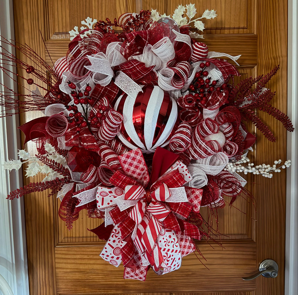 Handmade Stacked Ornament Christmas Wreath | Red White Holiday Door Hanger | Peppermint Striped | Candy Cane