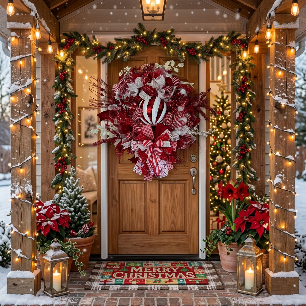 Handmade Stacked Ornament Christmas Wreath | Red White Holiday Door Hanger | Peppermint Striped | Candy Cane