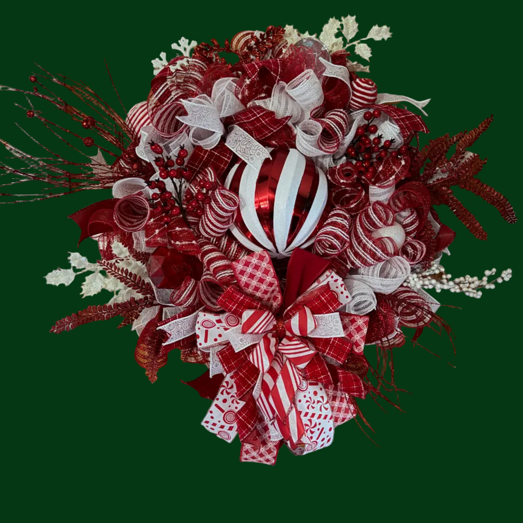Handmade Stacked Ornament Christmas Wreath | Red White Holiday Door Hanger | Peppermint Striped | Candy Cane
