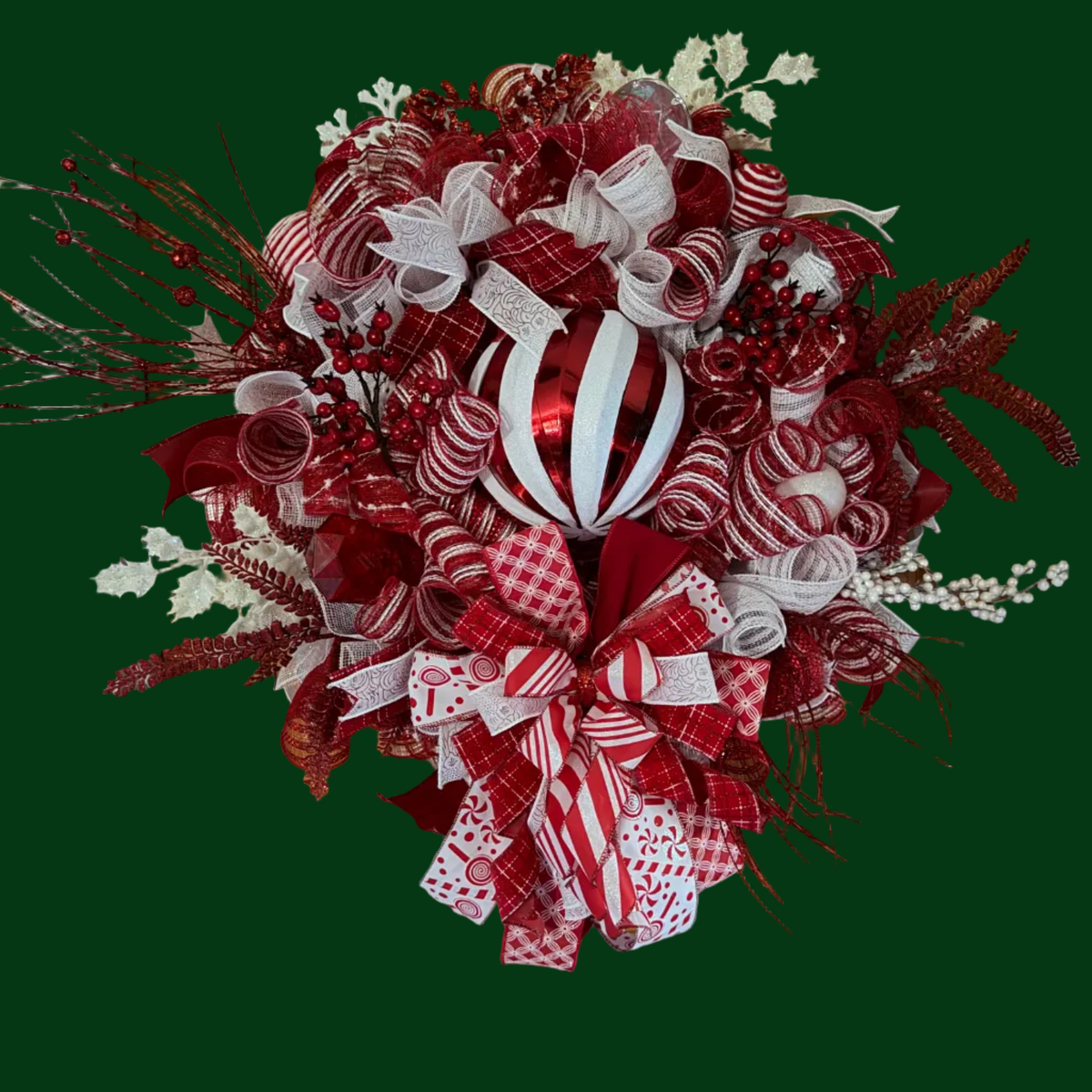 Handmade Stacked Ornament Christmas Wreath | Red White Holiday Door Hanger | Peppermint Striped | Candy Cane