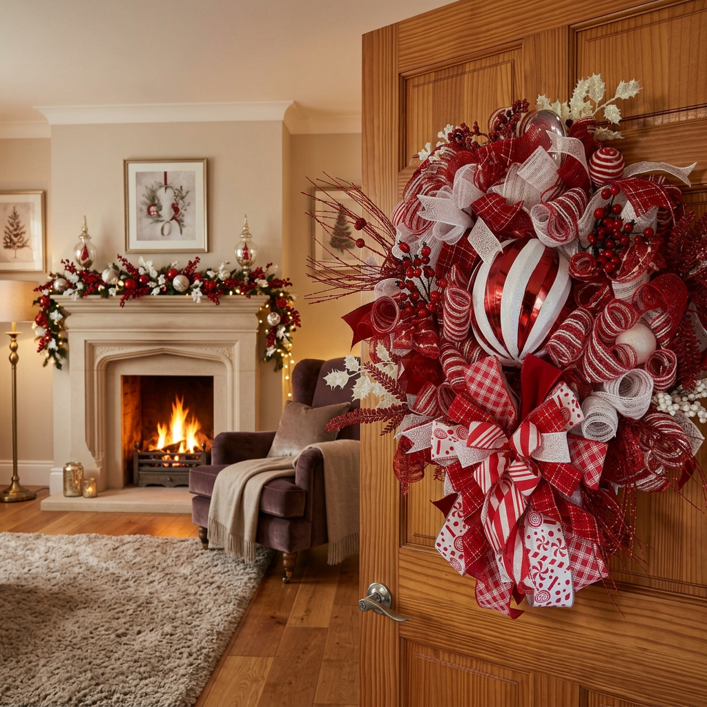 Handmade Stacked Ornament Christmas Wreath | Red White Holiday Door Hanger | Peppermint Striped | Candy Cane