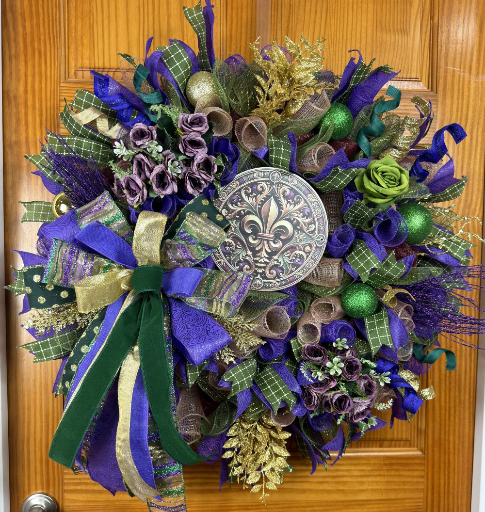 Mardi Gras Fleur de Lis Wreath – Purple, Green & Gold Front Door Decor