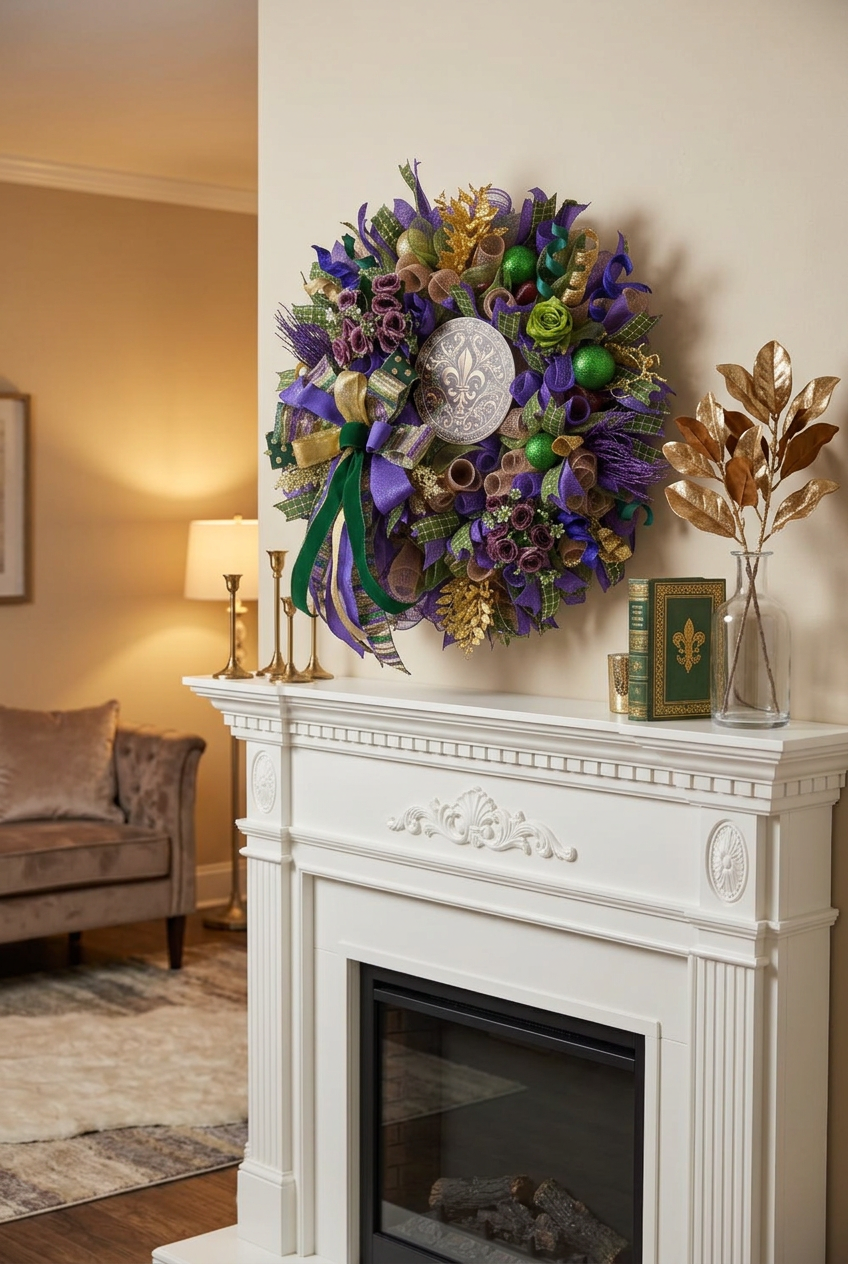 Mardi Gras Fleur de Lis Wreath – Purple, Green & Gold Front Door Decor