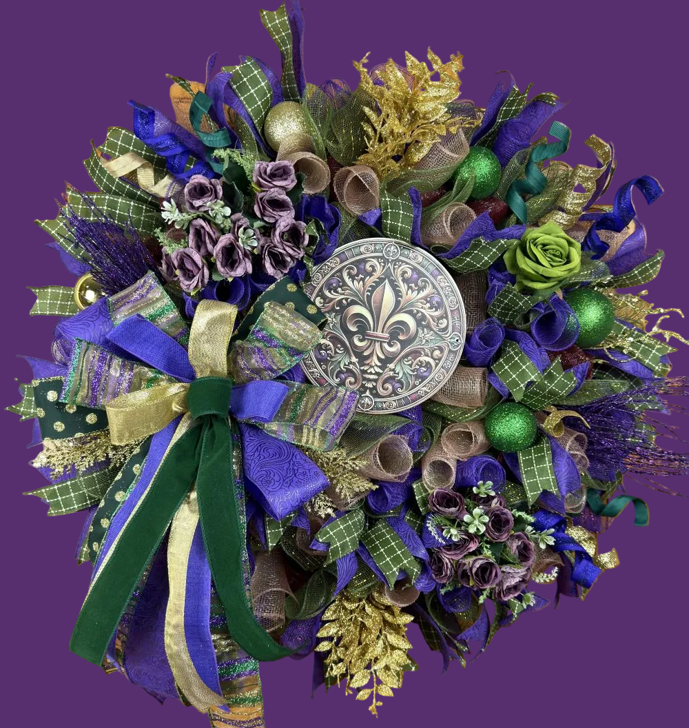Mardi Gras Fleur de Lis Wreath – Purple, Green & Gold Front Door Decor