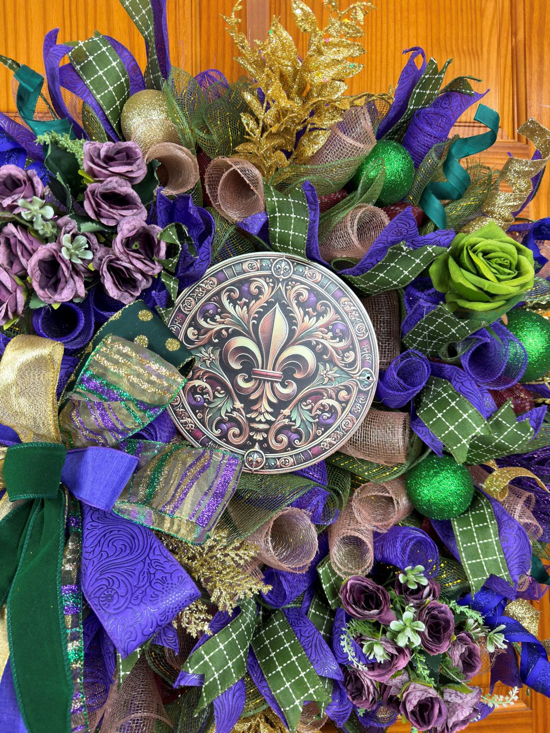 Mardi Gras Fleur de Lis Wreath – Purple, Green & Gold Front Door Decor