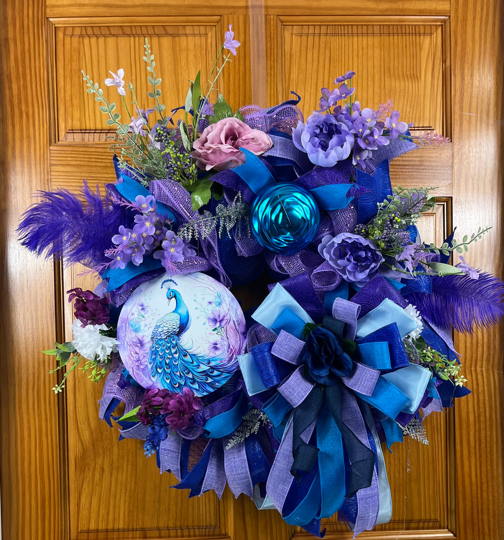 Royal Peacock Wreath | Handmade Blue & Purple Front Door Wreath | Elegant Floral Peacock Door Hanger | Luxury Everyday Home Decor