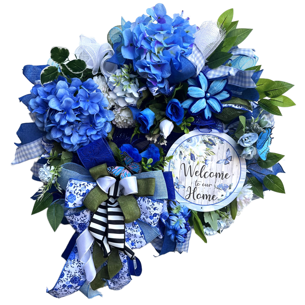 Blue Hydrangea Welcome Home Wreath | Blue White Ribbon Front Door Decor