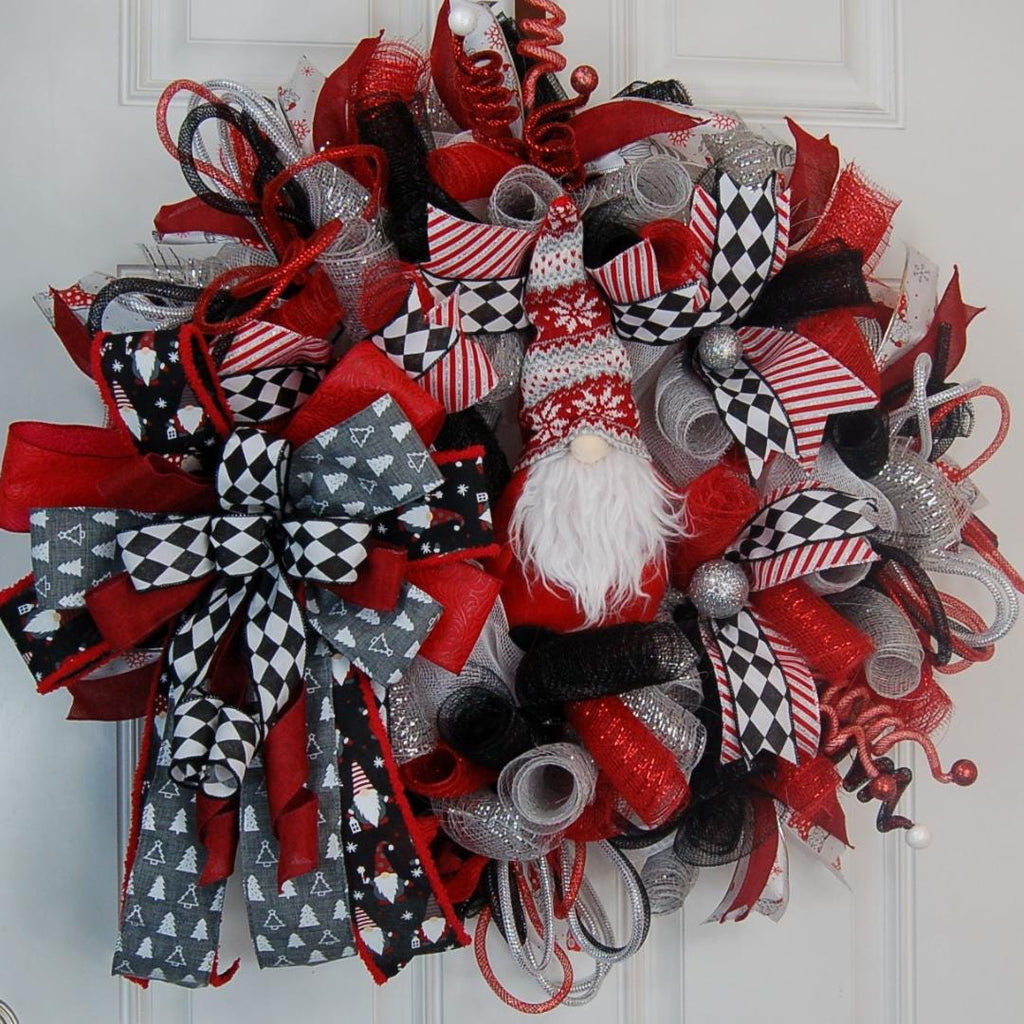 Christmas Gnome Wreath | Red Black Checkered Bows