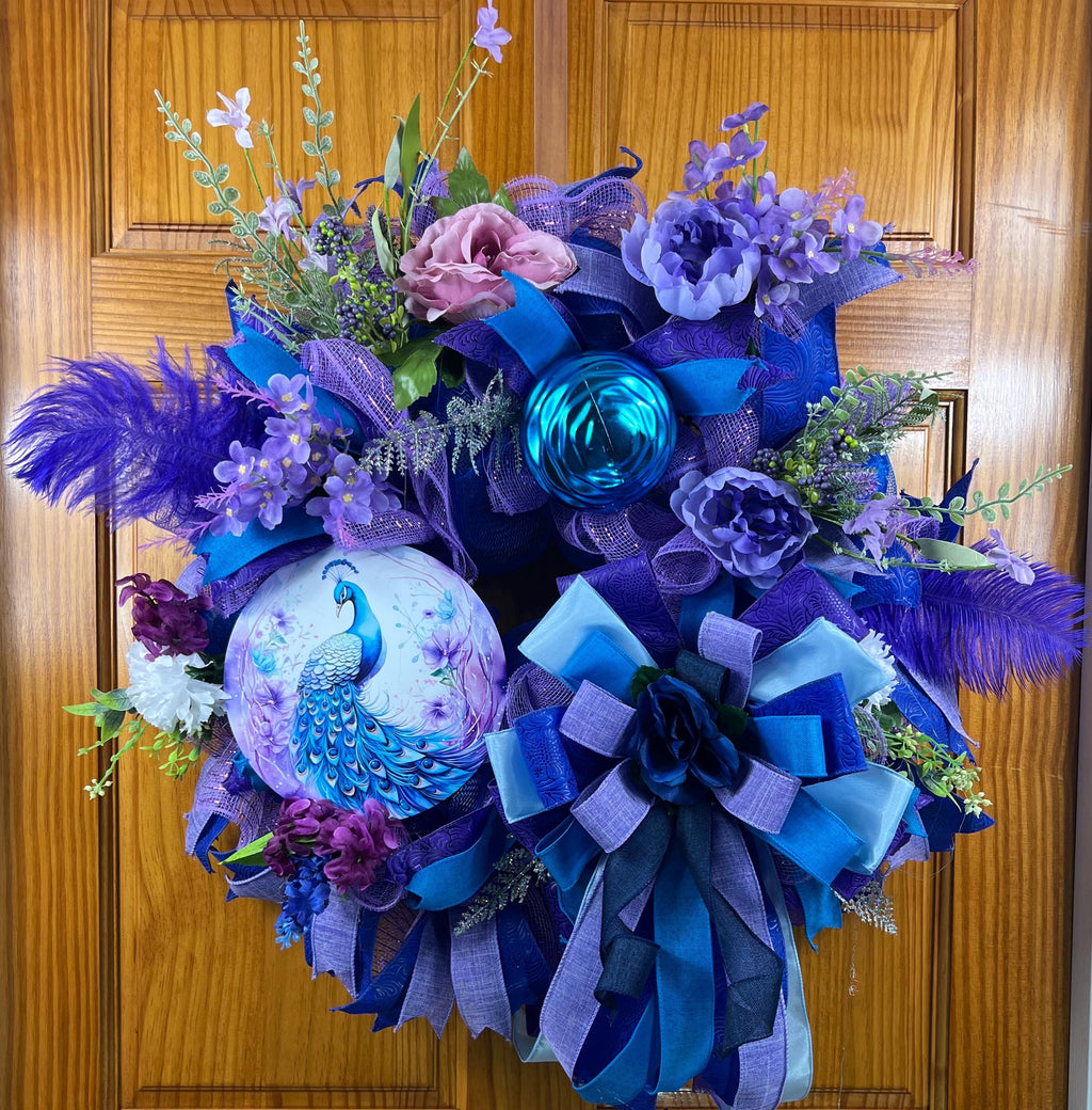 Royal Peacock Wreath | Handmade Blue & Purple Front Door Wreath | Elegant Floral Peacock Door Hanger | Luxury Everyday Home Decor