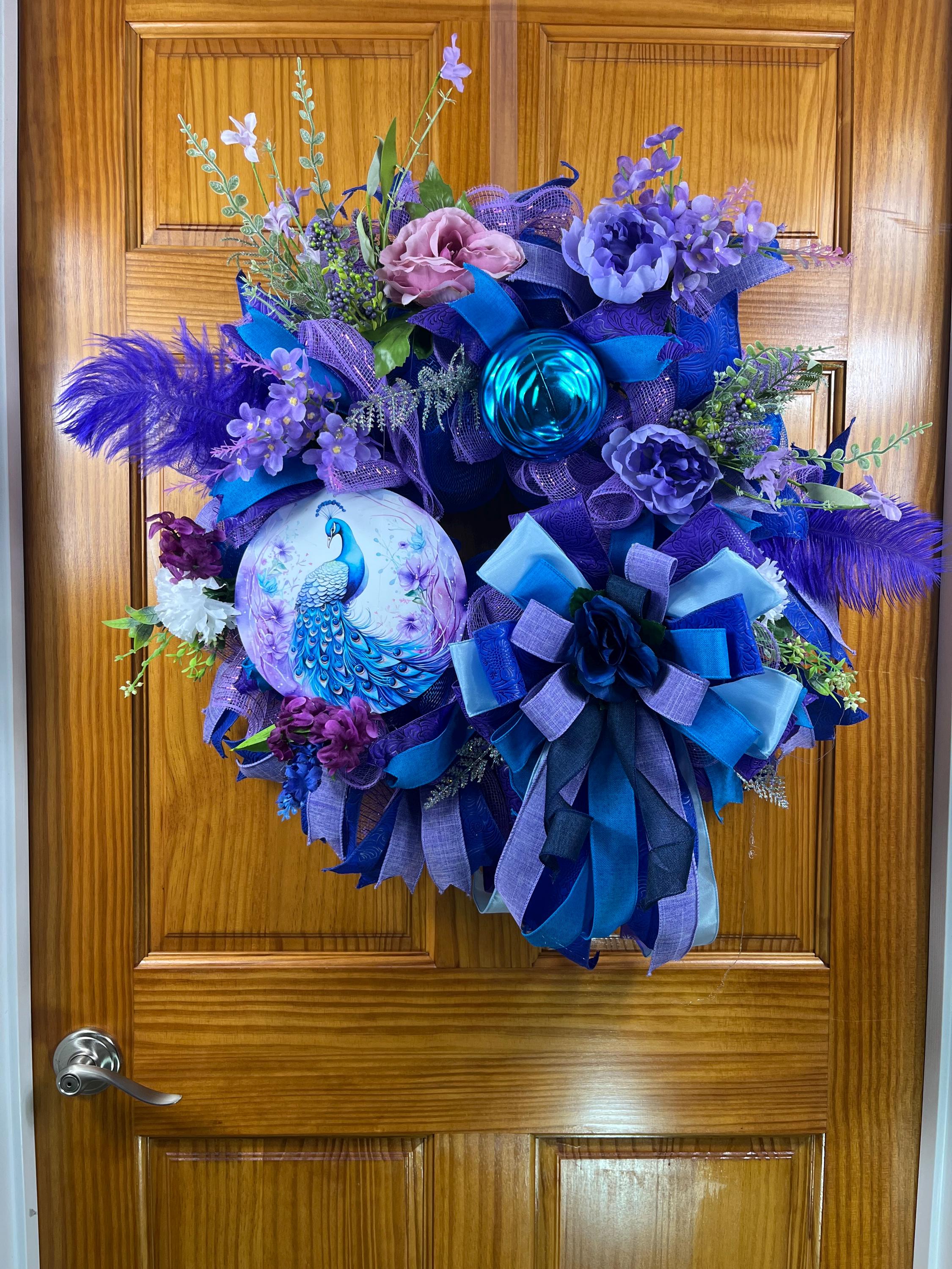 Peacock Wreath, Elegant Blue & Purple Deco Mesh Door Decor