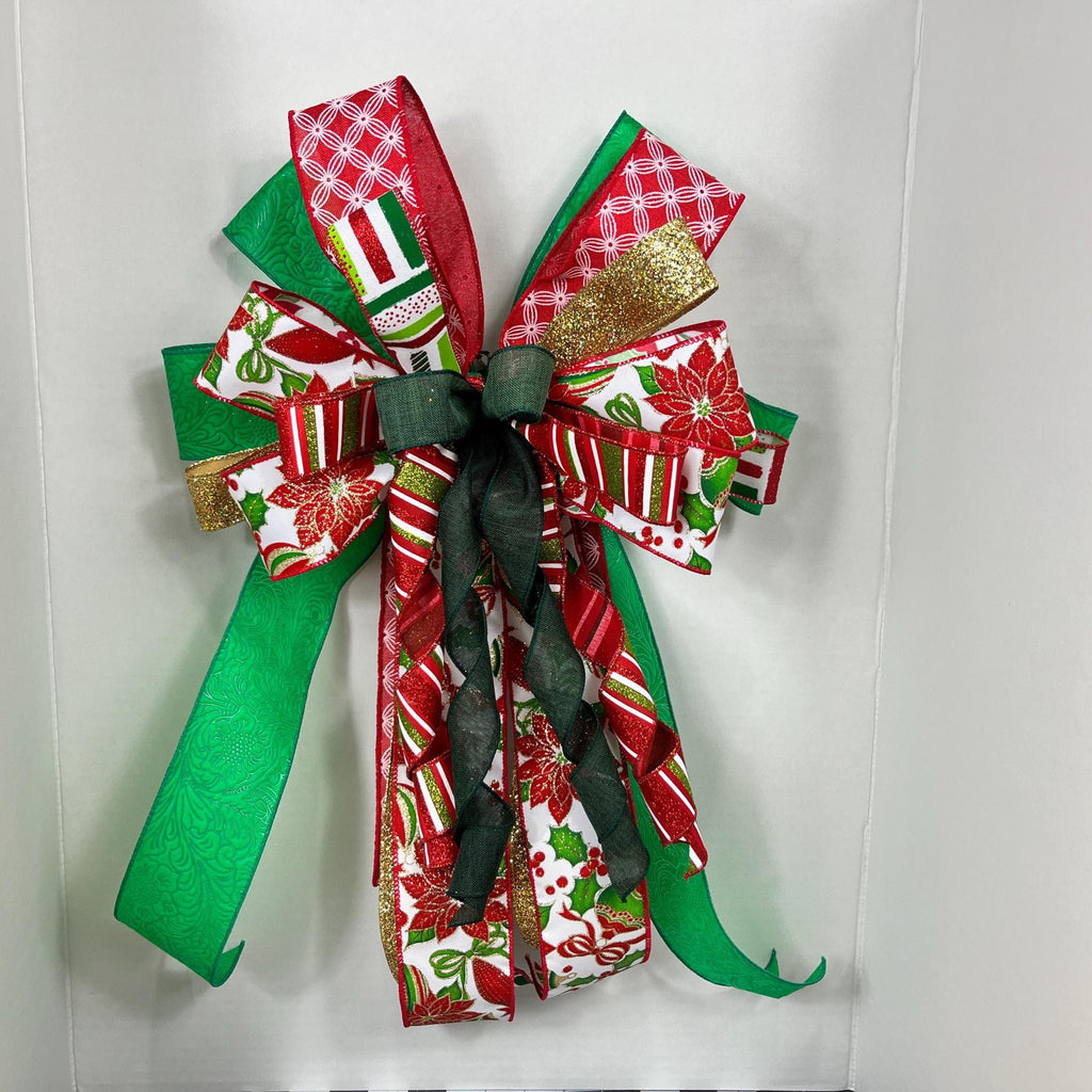 Bow| Christmas Poinsettia | Red, Green, Gold Door Decor| Tree Topper
