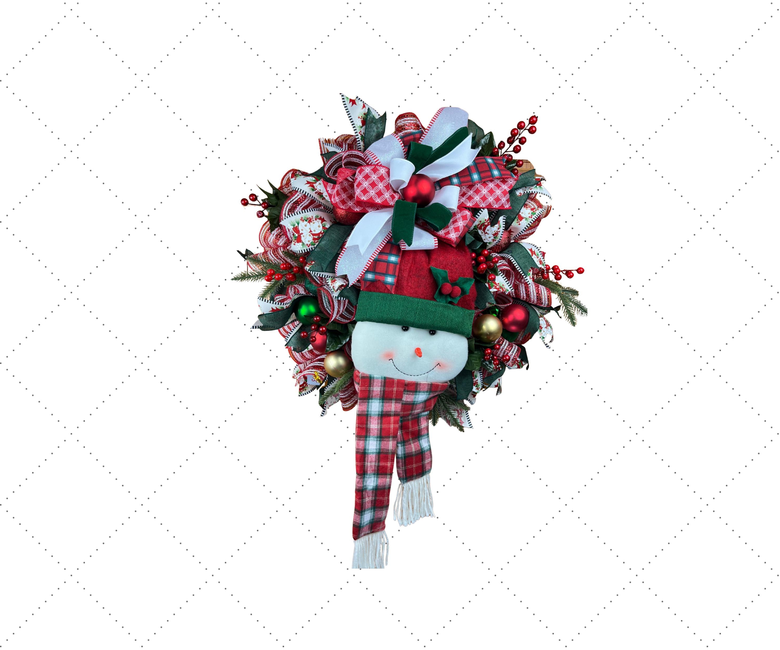 Snowman Christmas Wreath | Plaid Hat, Festive Ribbons, Winter Door Decor