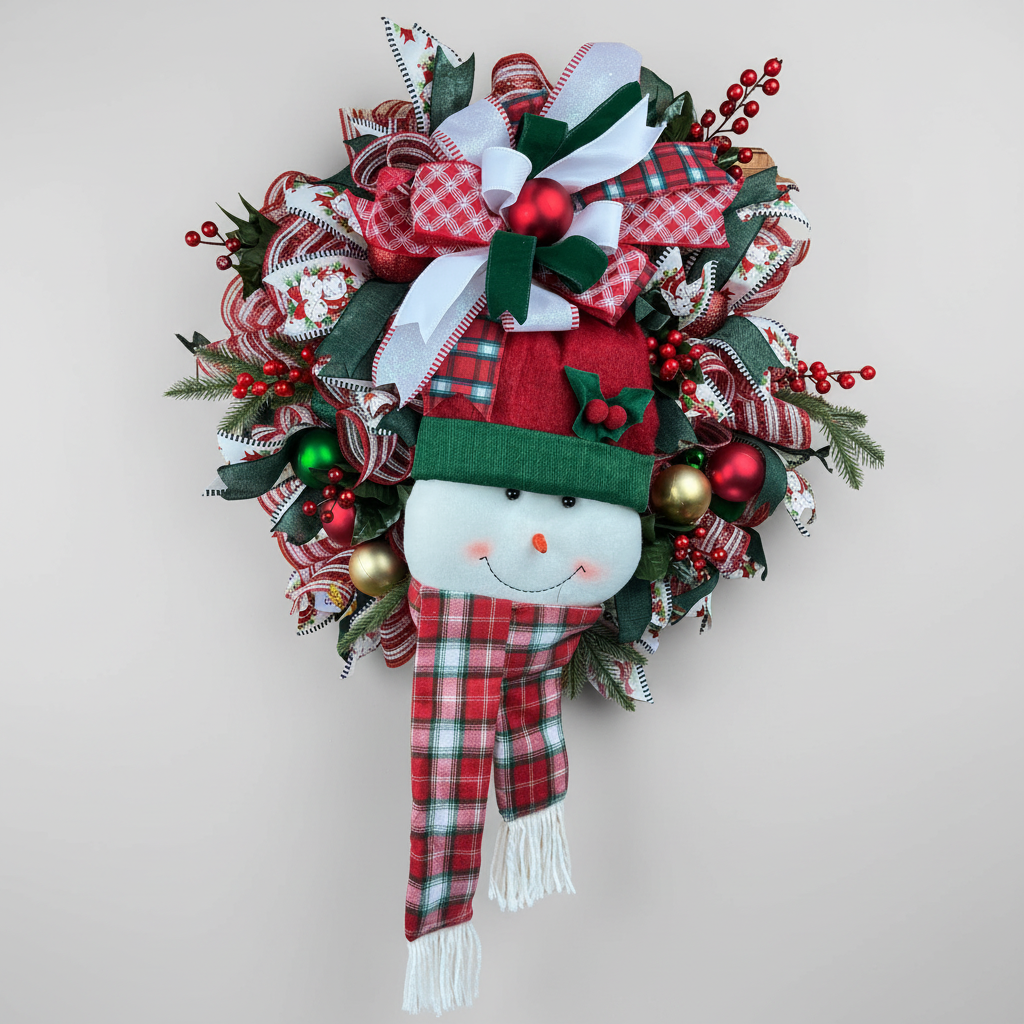 A festive Christmas wreath featuring a snowman face, red and green plaid ribbon, white bow, pine branches, red berries, and gold ornaments on a white background with a faint grid pattern.