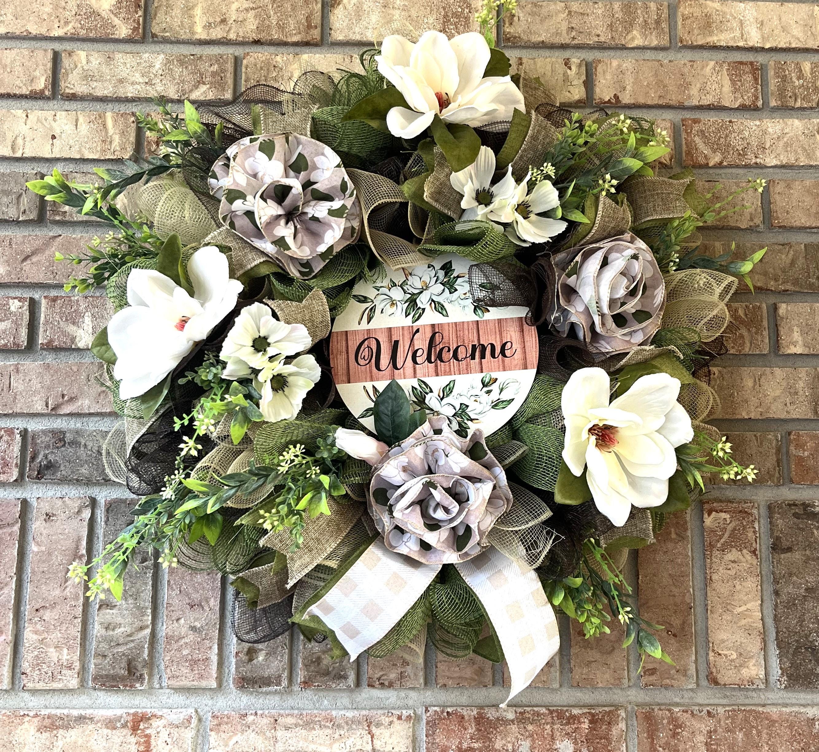 Everyday| Farmhouse Welcome Wreath| Cream Flowers, Burlap Mesh, Greenery