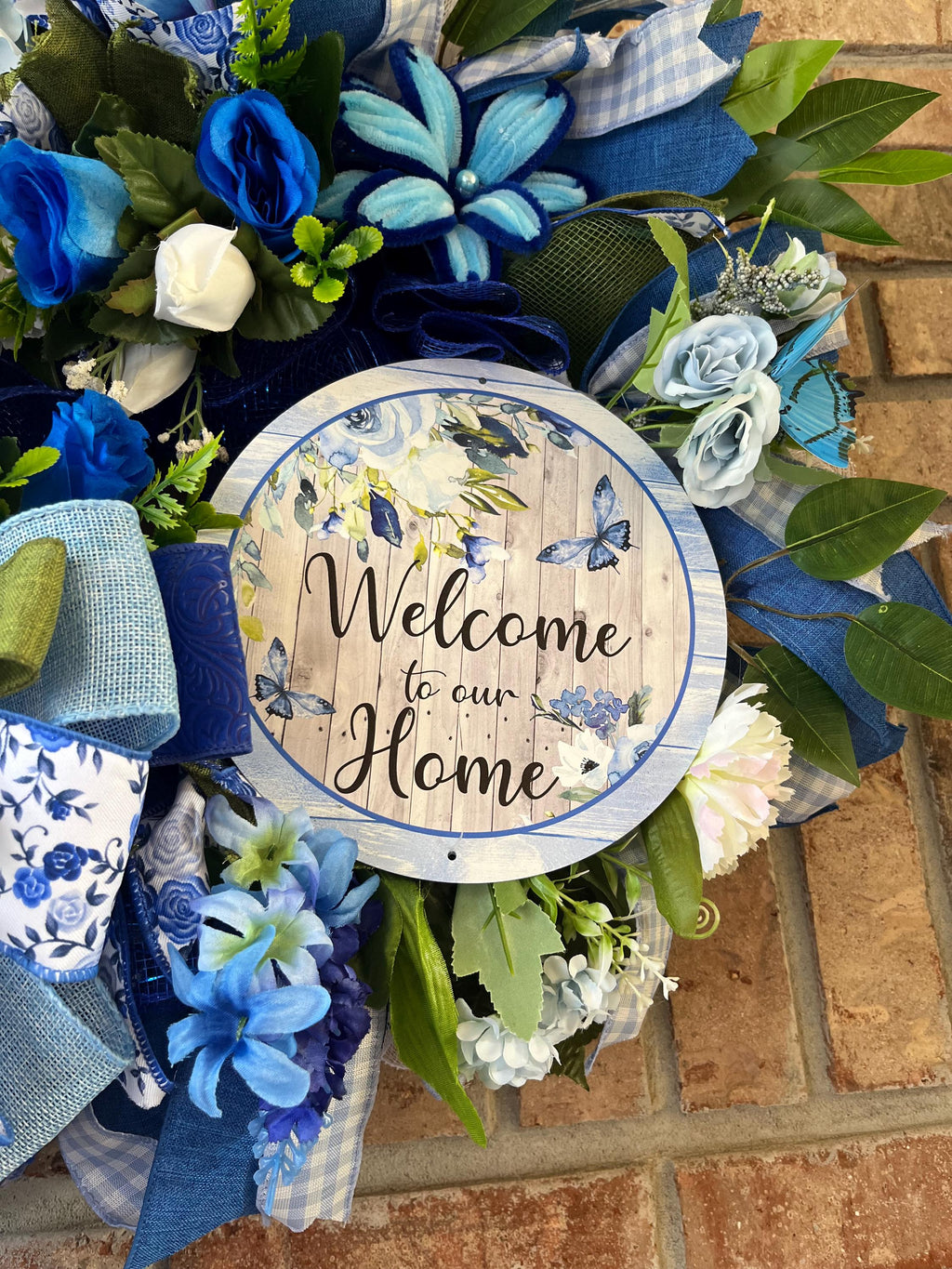 Blue Hydrangea Welcome Home Wreath | Blue White Ribbon Front Door Decor