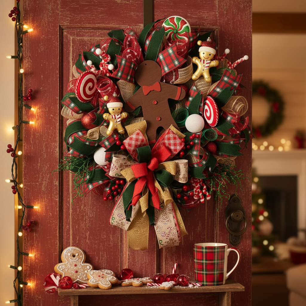 Gingerbread Christmas Wreath | Handmade Candy Cane Front Door Wreath | Whimsical Farmhouse Holiday Door Hanger | Christmas Cookie Decor