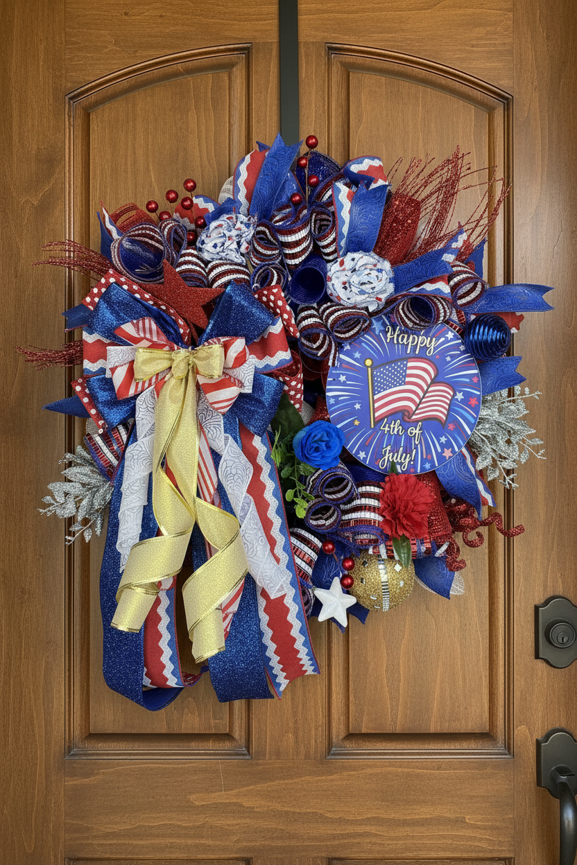 Patriotic Deco Mesh Wreath, 4th of July Front Door Wreath, American Flag Wreath, Memorial Day Decor, Summer Door Hanger