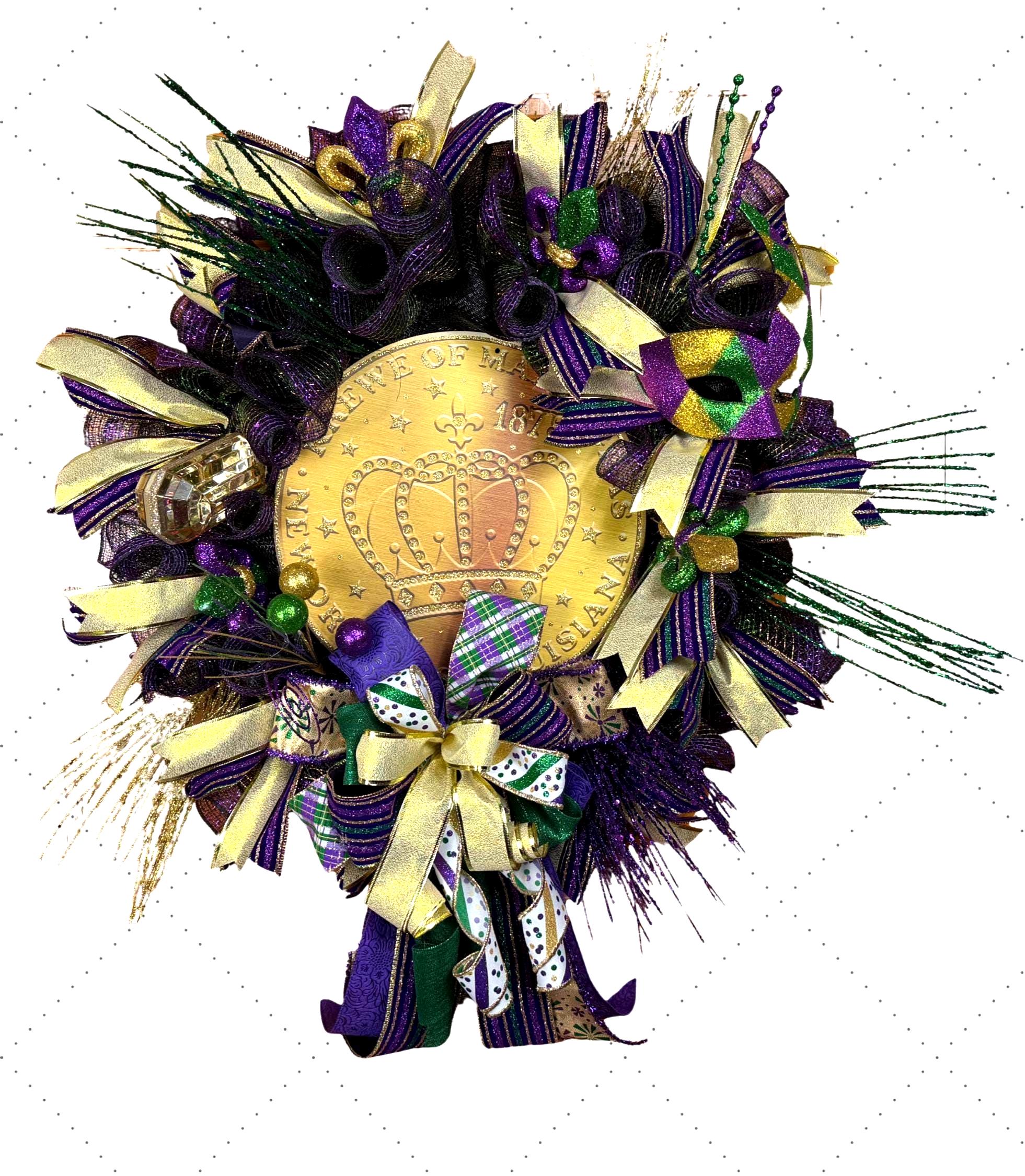 Mardi Gras Wreath, Purple Green Gold Door Decor, Fleur De Lis Mask Accent