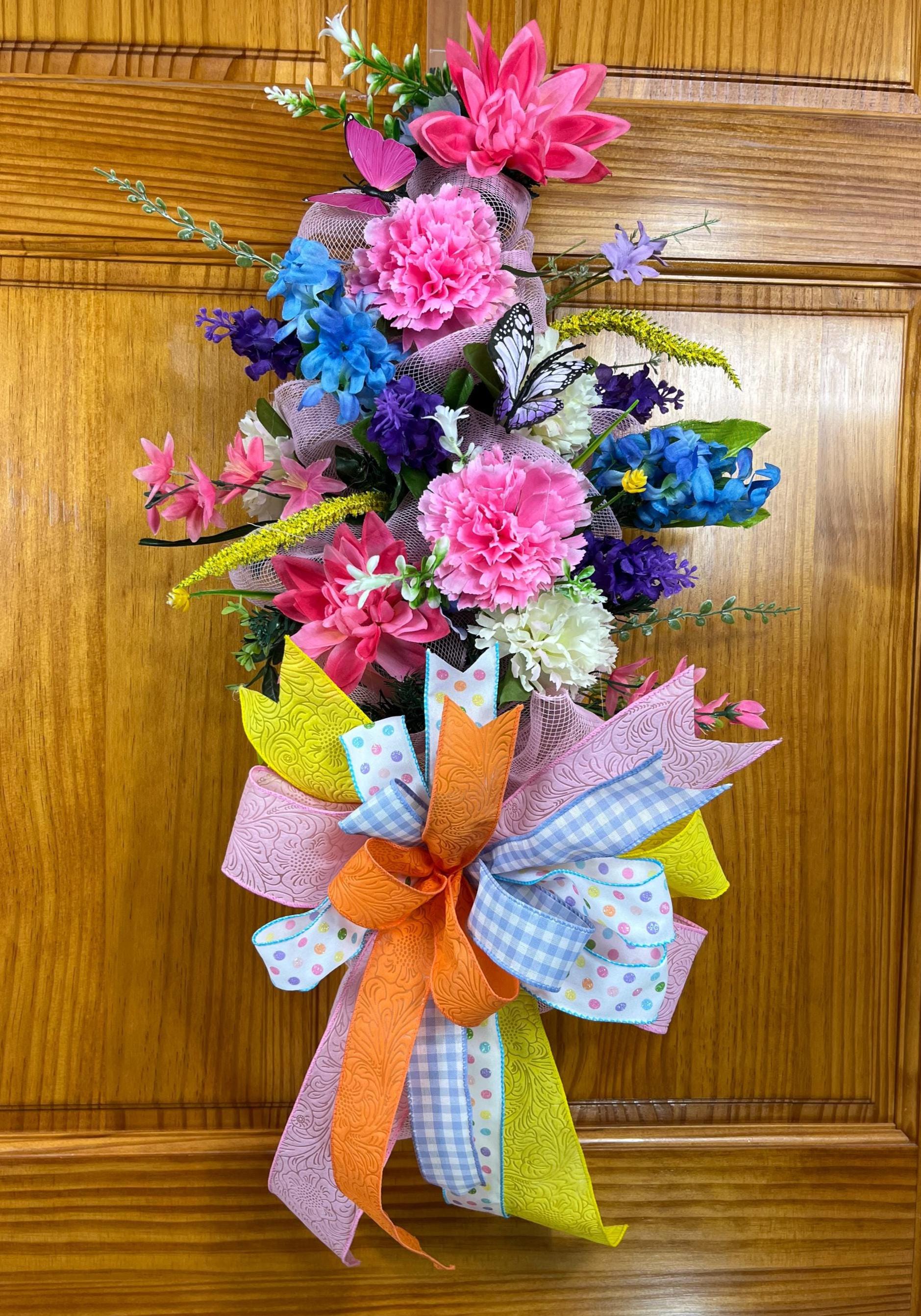 Butterfly Spring Door Swag| Pink, Blue & Yellow Floral Wreath