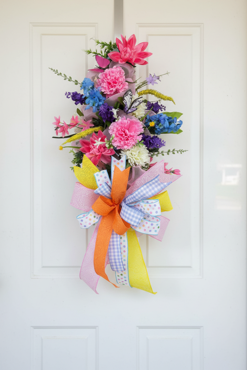 Spring Floral Door Swag | Handmade Easter Door Swag | Colorful Front Door Decor | Butterfly Spring Swag | Pastel Floral Arrangement