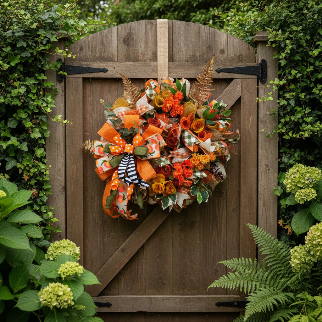Peach & Orange Fall Wreath | Polka Dot Bows | Autumn Door Decor