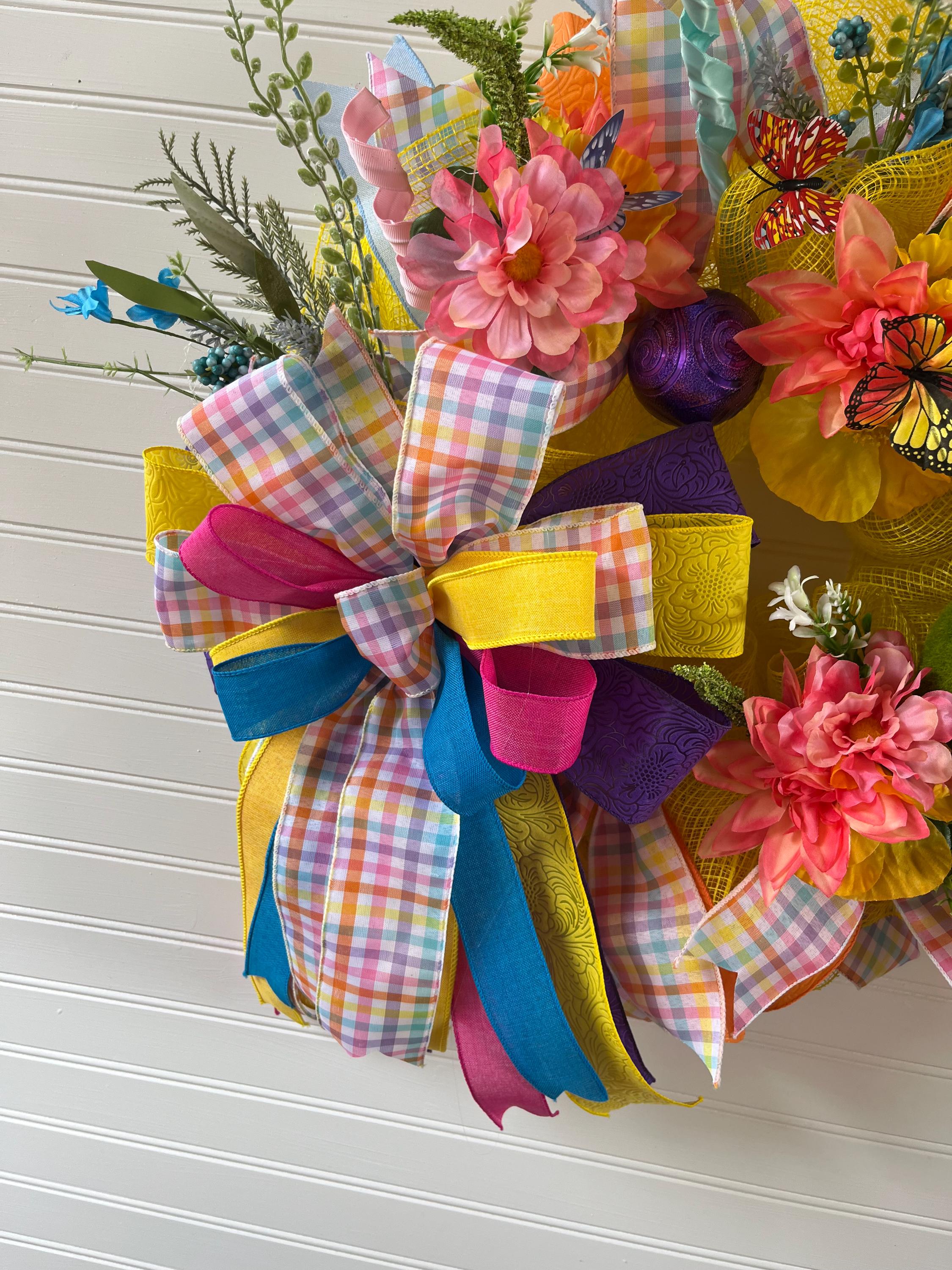 Easter Bunny Wreath | Pastel Plaid Floral Door Hanger | Spring Wreath