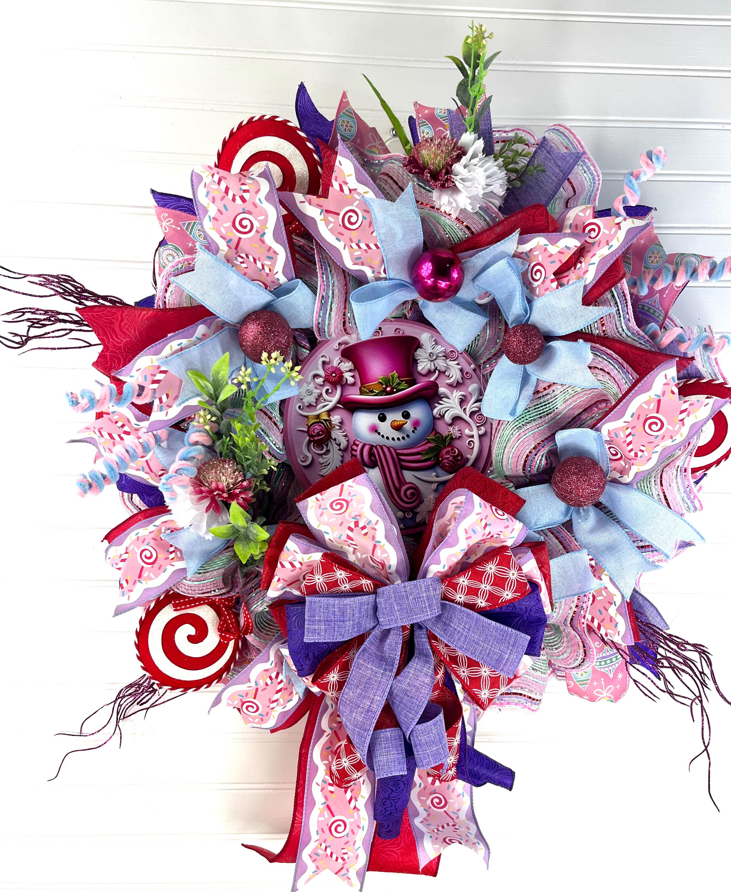 Christmas| Pink Snowman Christmas Wreath | Candy-Themed Winter Door Decor
