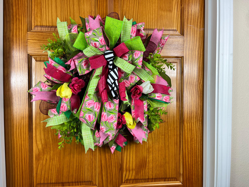 Bold Spring Floral Wreath| Pink, Yellow & Green Easter Tulip Decor