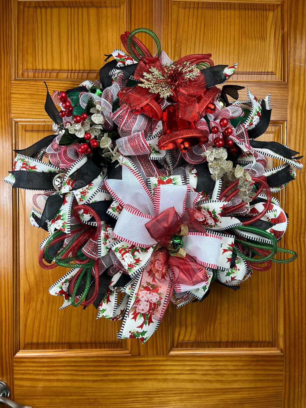 Red Christmas Bells Wreath | Handmade Holiday Front Door Wreath | Traditional Red & Green Farmhouse Christmas Decor | Luxury Door Hanger