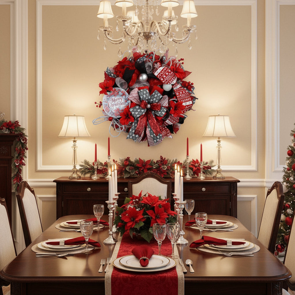 A festive Christmas wreath hanging on a white door, decorated with red and black ribbons, red fabric flowers, silver and white ornaments, and a round 'Merry Christmas' tag.