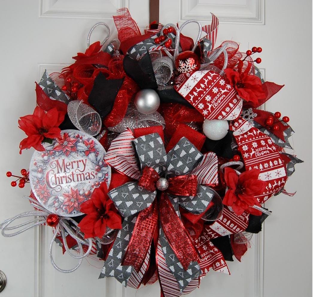 Christmas | Red Poinsettia Wreath | Silver Accents | Holiday Door Decor