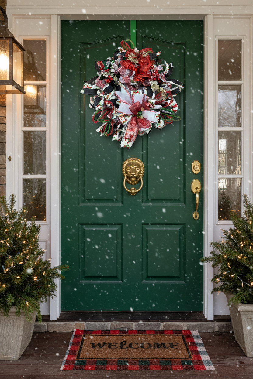 A festive Christmas wreath made of layered ribbons in red, black, white, and green, decorated with small red berries, white flowers, candy canes, and a gold snowflake ornament, isolated on a white background with a faint grid watermark.