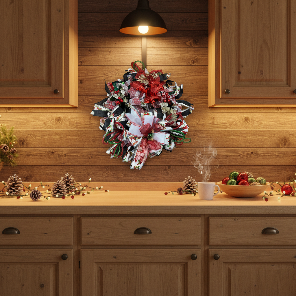 Red Christmas Bells Wreath | Handmade Holiday Front Door Wreath | Traditional Red & Green Farmhouse Christmas Decor | Luxury Door Hanger
