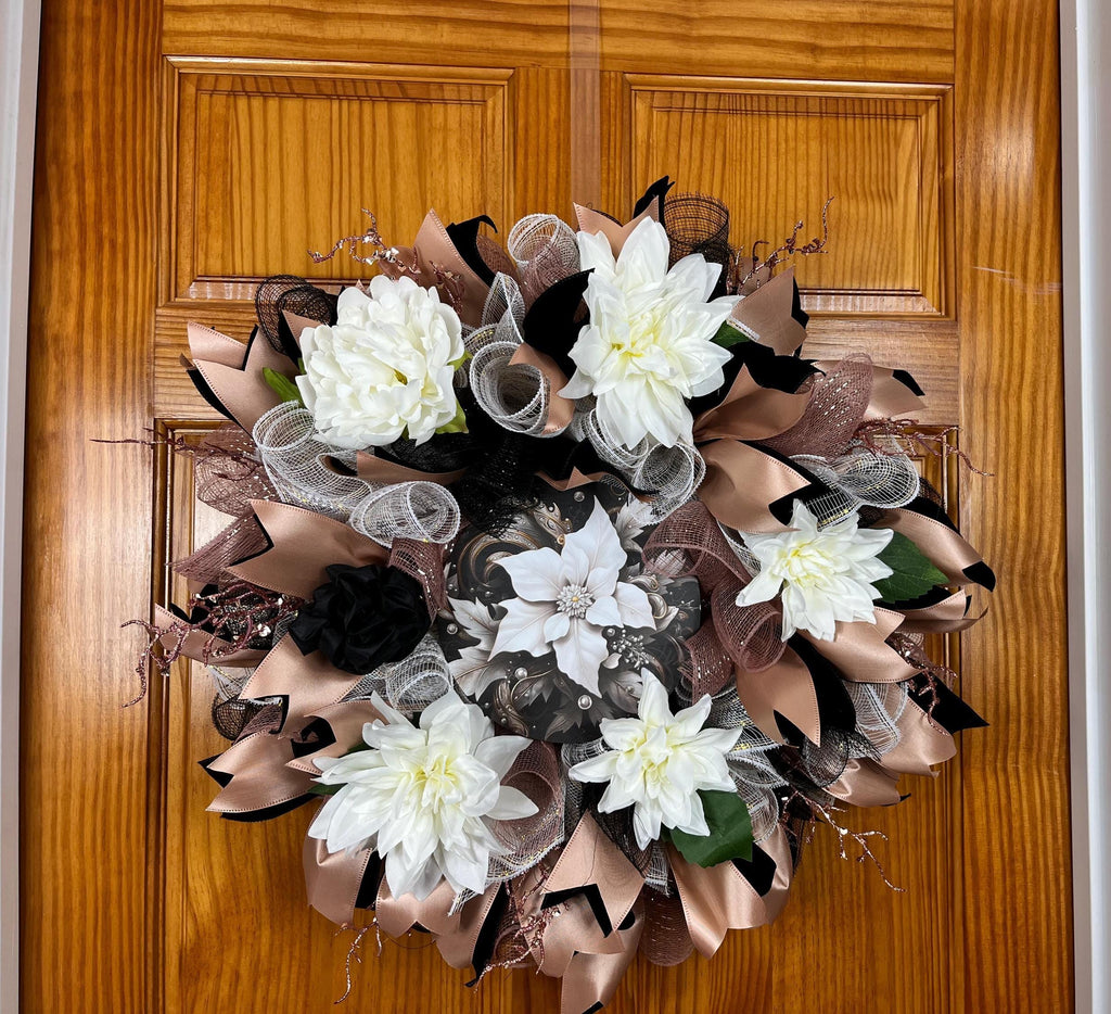 Black & Champagne Dahlia Wreath| Elegant Glam Front Door Decor
